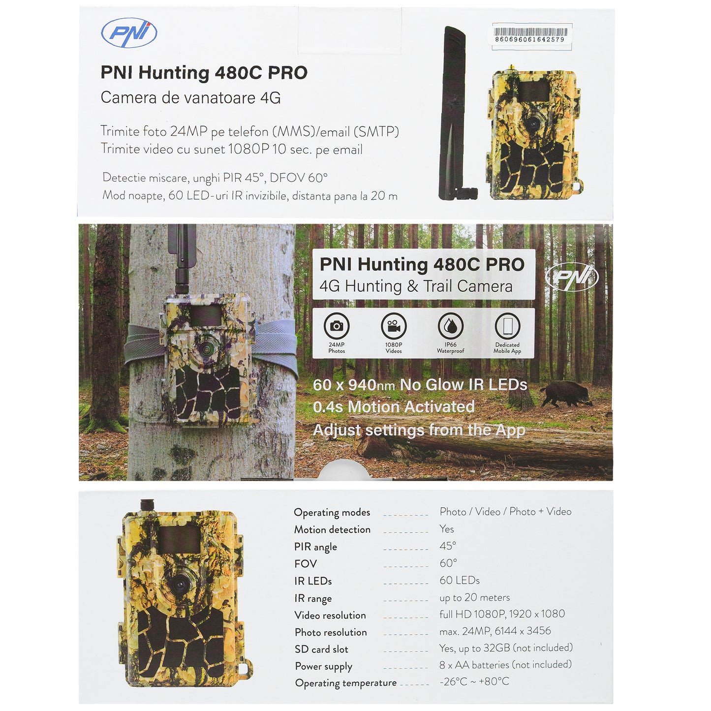 Camera vanatoare PNI Hunting 480C PRO, 24MP, cu Internet 4G, GPS unghi vizualizare 60°