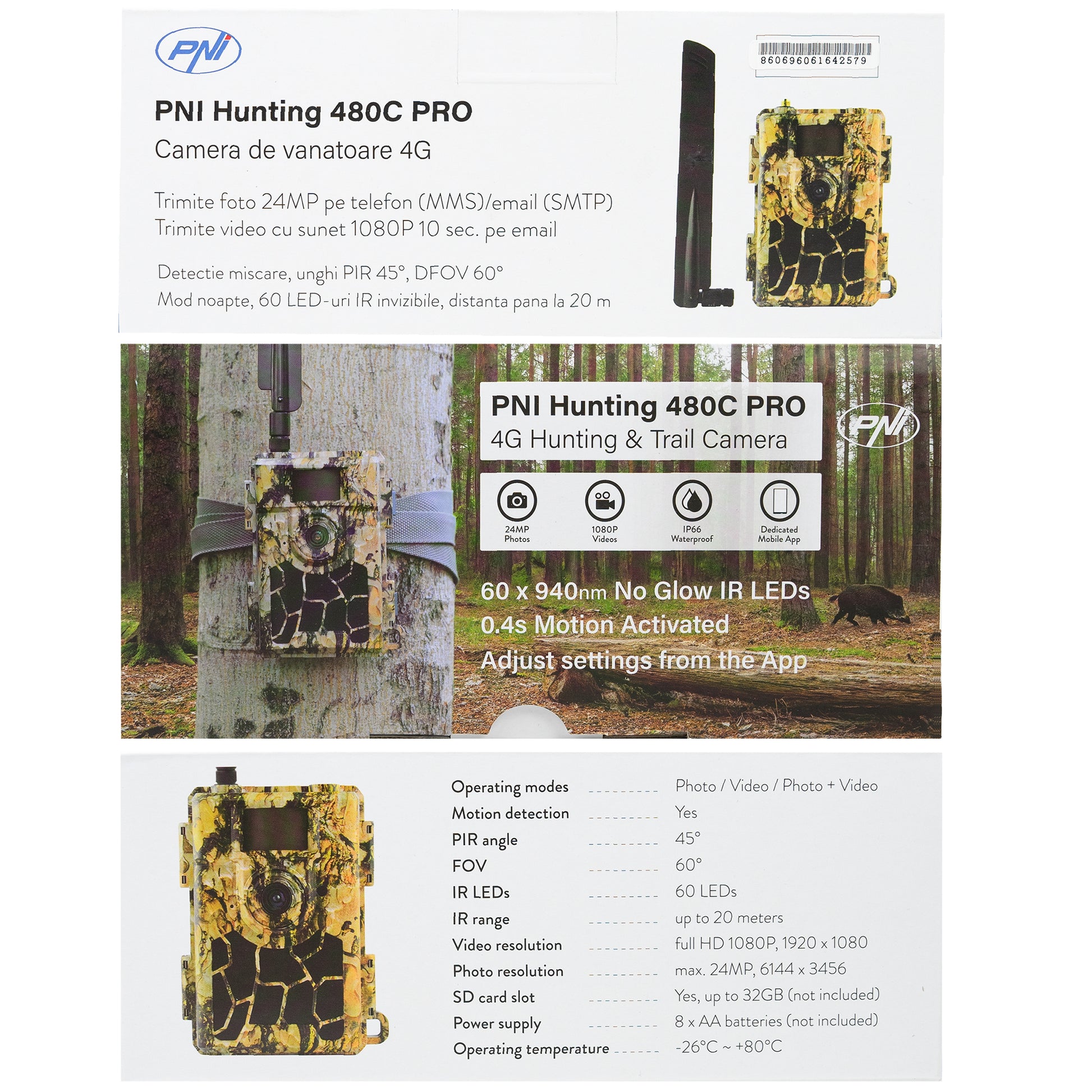 Camera vanatoare PNI Hunting 480C PRO, 24MP, cu Internet 4G, GPS unghi vizualizare 60°