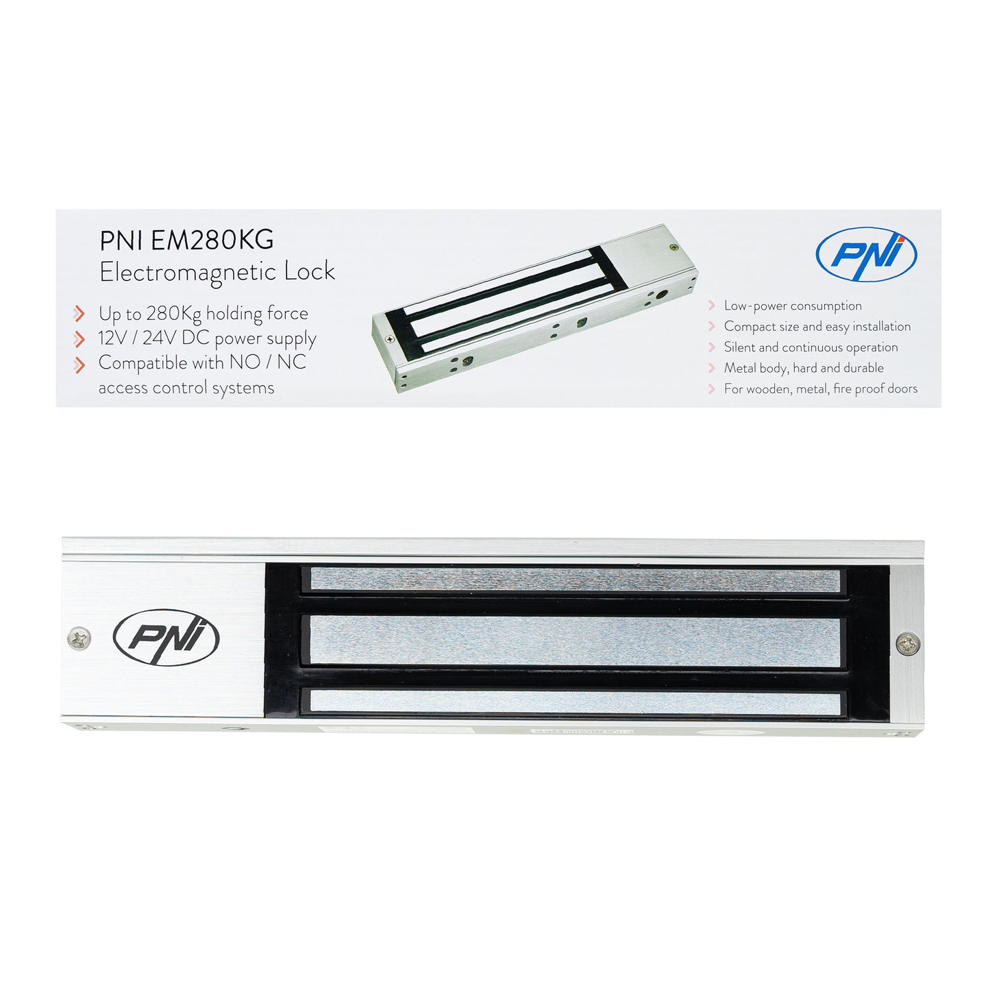 Electromagnet de retinere PNI EM280KG NO/NC/COM, forta de inchidere 280kg, alimentare 12V 24V