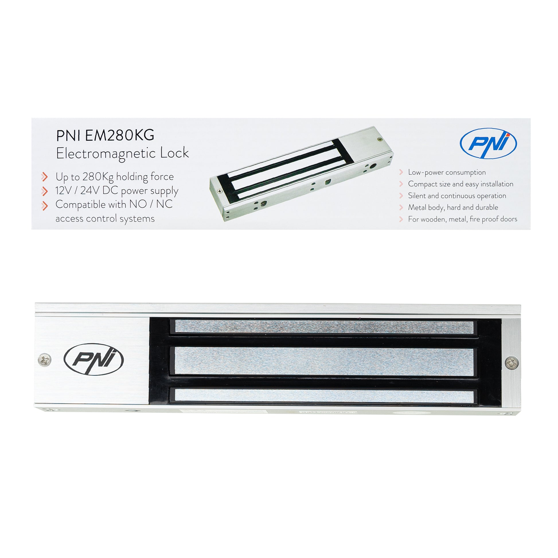 Electromagnet de retinere PNI EM280KG NO/NC/COM, forta de inchidere 280kg, alimentare 12V 24V