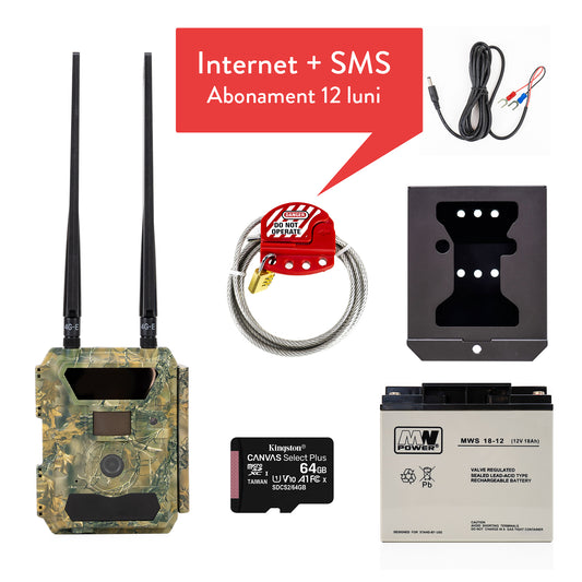 Kit camera vanatoare PNI Hunting 400C PRO 24MP, abonament GSM 12 luni, cu card 64GB, carcasa si cablu securitate, acumulator extern 18Ah si cablu alimentare U inclus