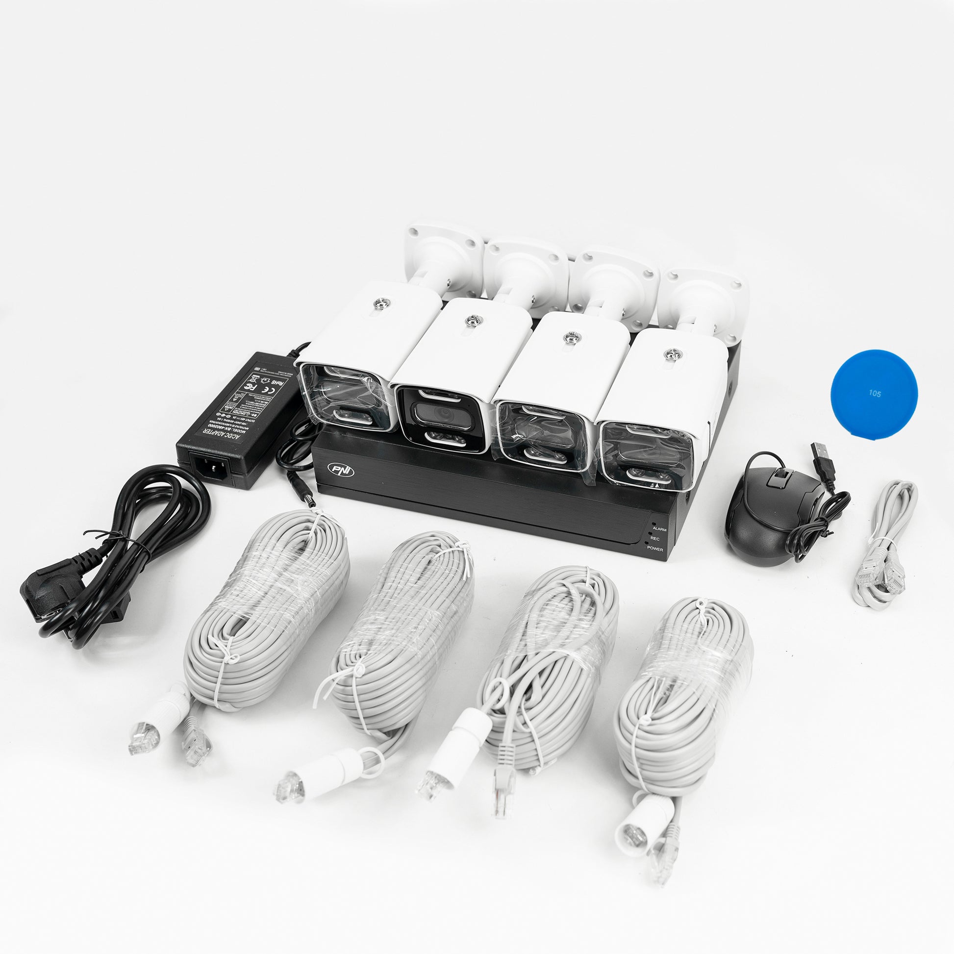 Pachet Kit supraveghere video PNI House IPMAX POE 3, NVR cu 4 porturi POE, ONVIF si 4 camere cu IP 3MP, de exterior, Power over Ethernet, detectie chip, detectie miscare, 4 cabluri, alimentator, mouse + Cadou Sticky Pad Blue