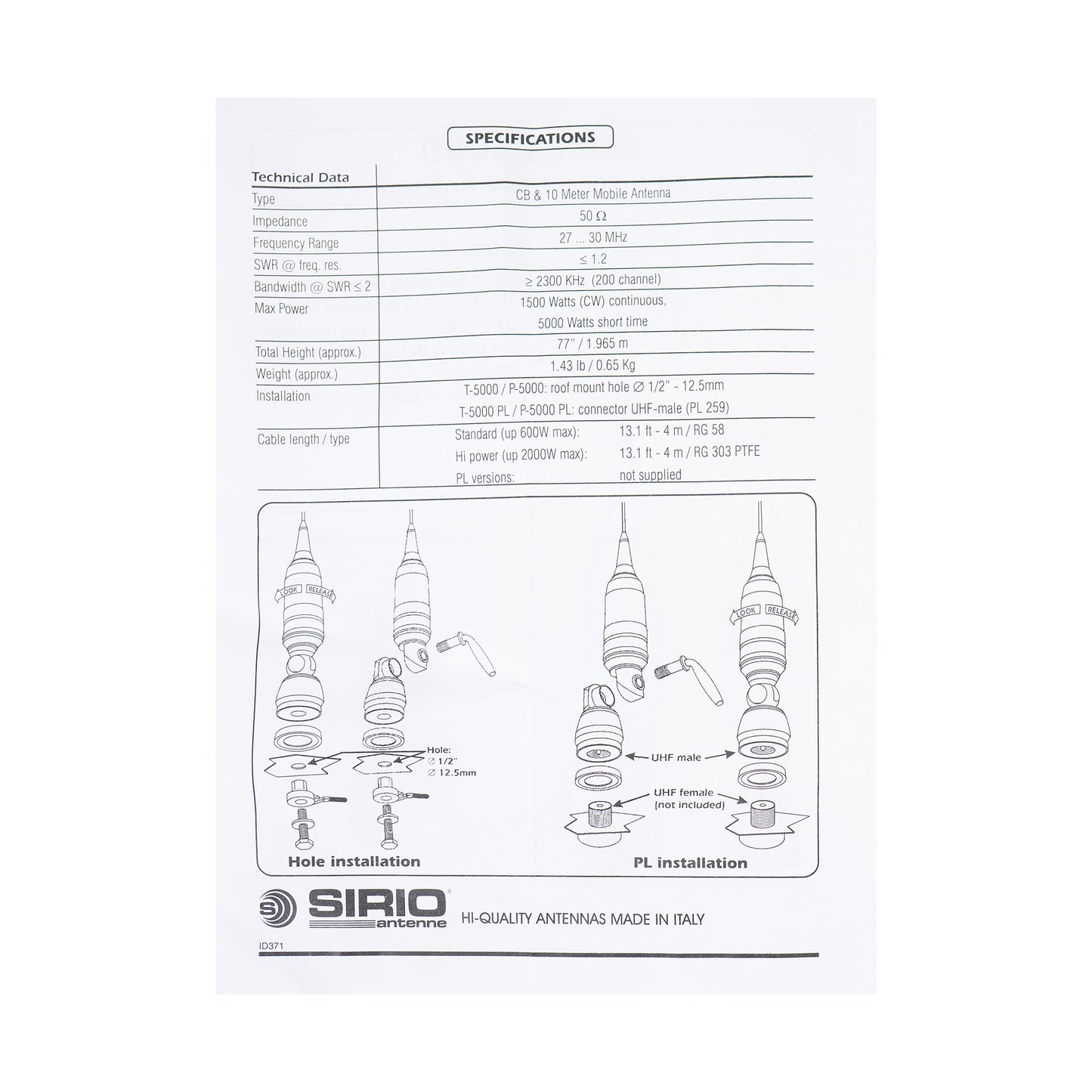 Antena CB Sirio Performer 5000 PL, 196.5cm fara cablu