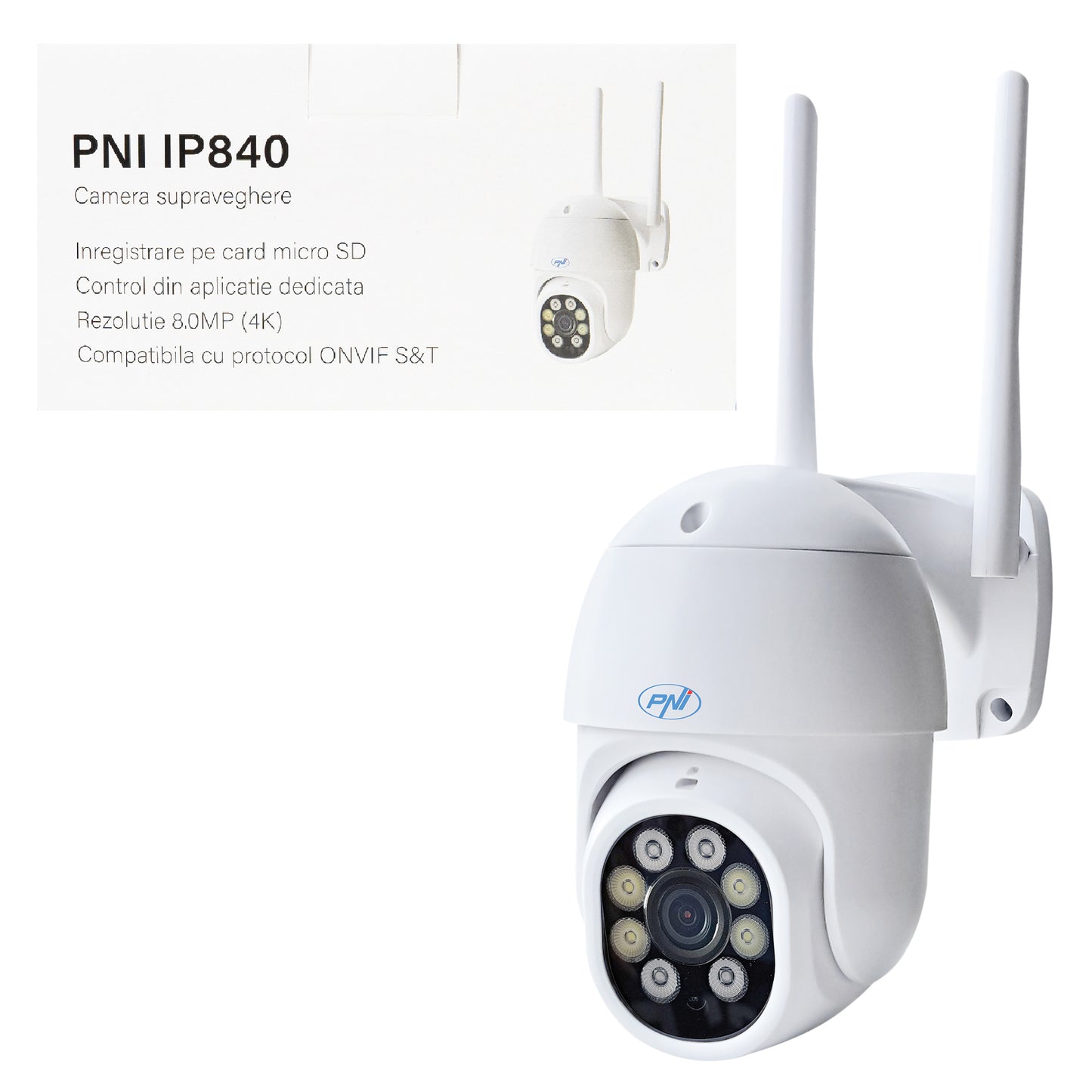 Camera supraveghere video wireless PNI IP840 WiFi, PTZ, 8MP 4K, slot micro SD, stand-alone, functii AI, ONVIF, ICSee app