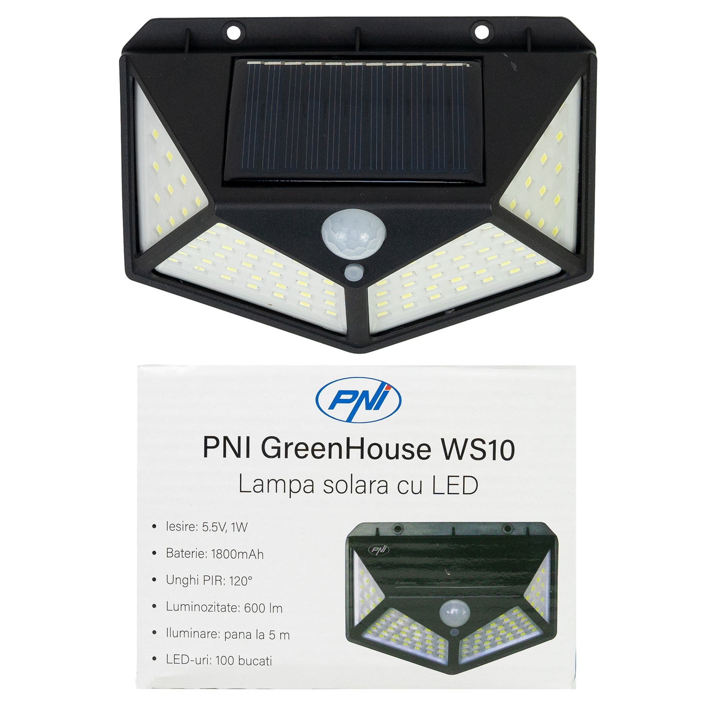 Lampa solara LED PNI GreenHouse WS10, 100 LED-uri, 600 lm, unghi PIR 120 grade, acumulator 1800 mAh, montaj pe perete