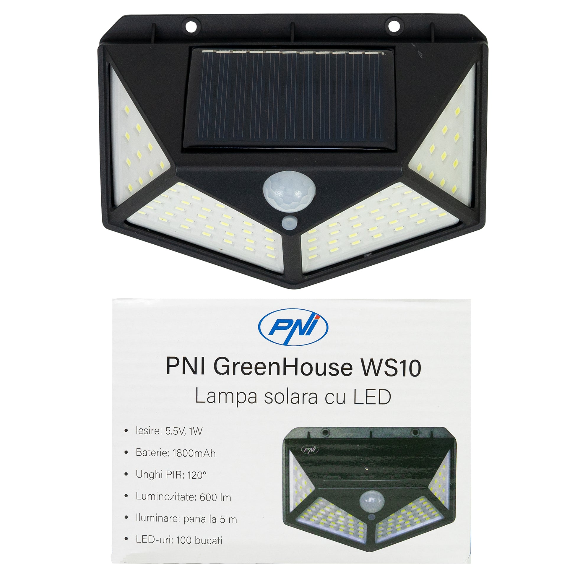 Lampa solara LED PNI GreenHouse WS10, 100 LED-uri, 600 lm, unghi PIR 120 grade, acumulator 1800 mAh, montaj pe perete