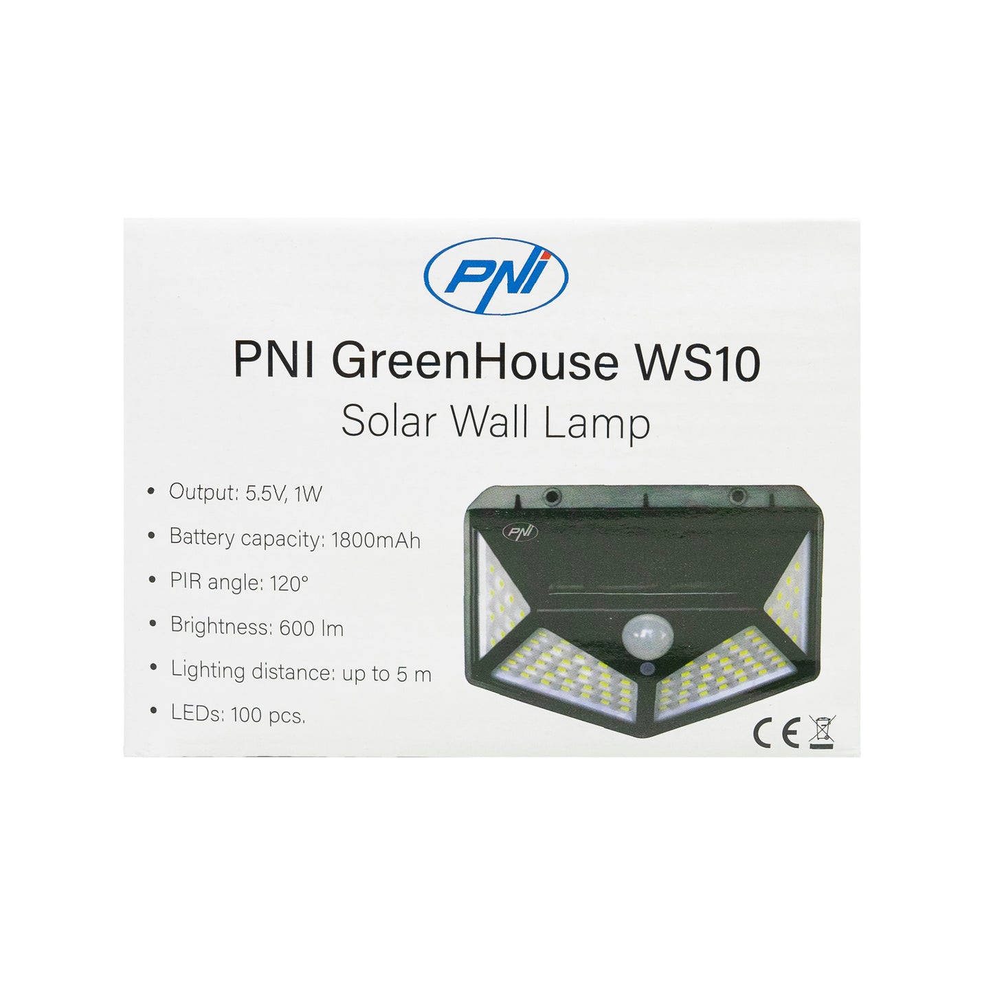 Lampa solara LED PNI GreenHouse WS10, 100 LED-uri, 600 lm, unghi PIR 120 grade, acumulator 1800 mAh, montaj pe perete