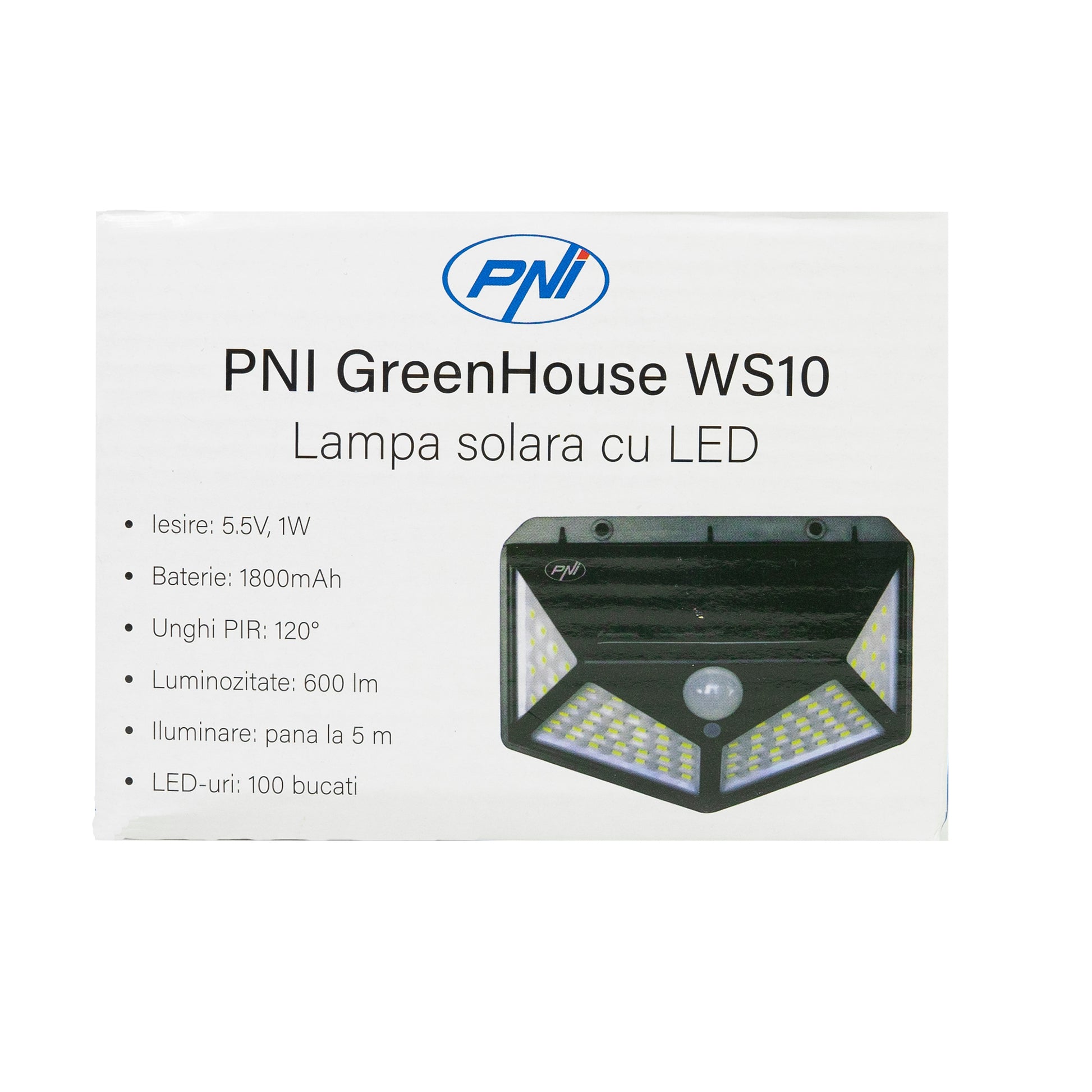 Lampa solara LED PNI GreenHouse WS10, 100 LED-uri, 600 lm, unghi PIR 120 grade, acumulator 1800 mAh, montaj pe perete