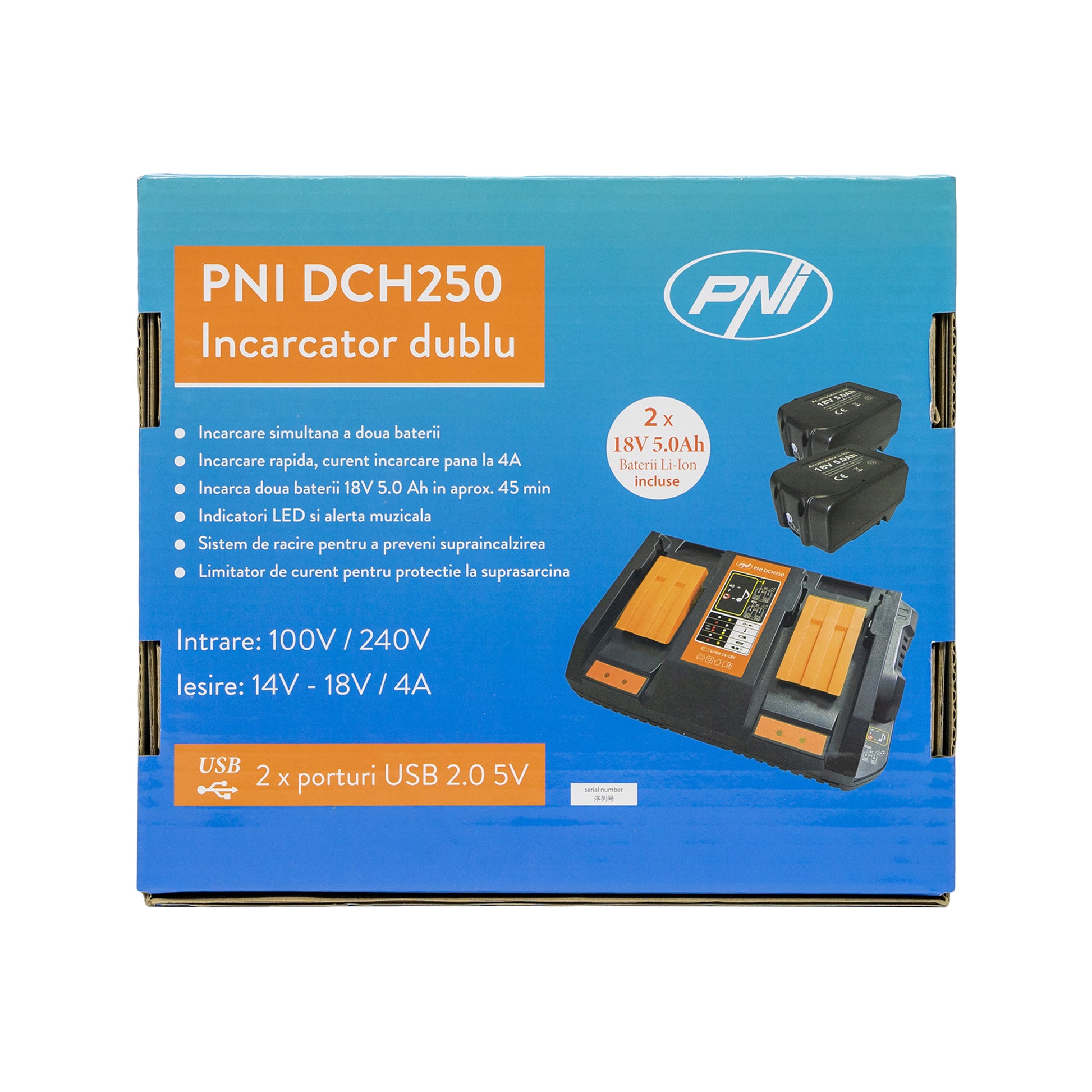 Kit incarcator dublu cu acumulatori PNI DCH250, include 2 acumulatori 18V 5Ah