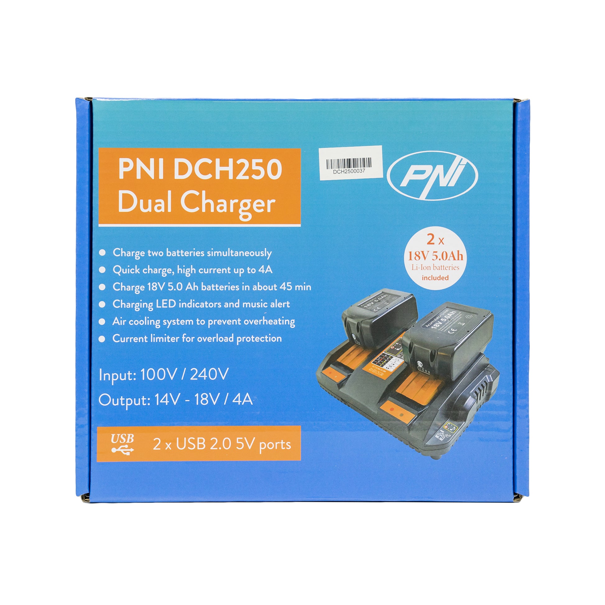 Kit incarcator dublu cu acumulatori PNI DCH250, include 2 acumulatori 18V 5Ah