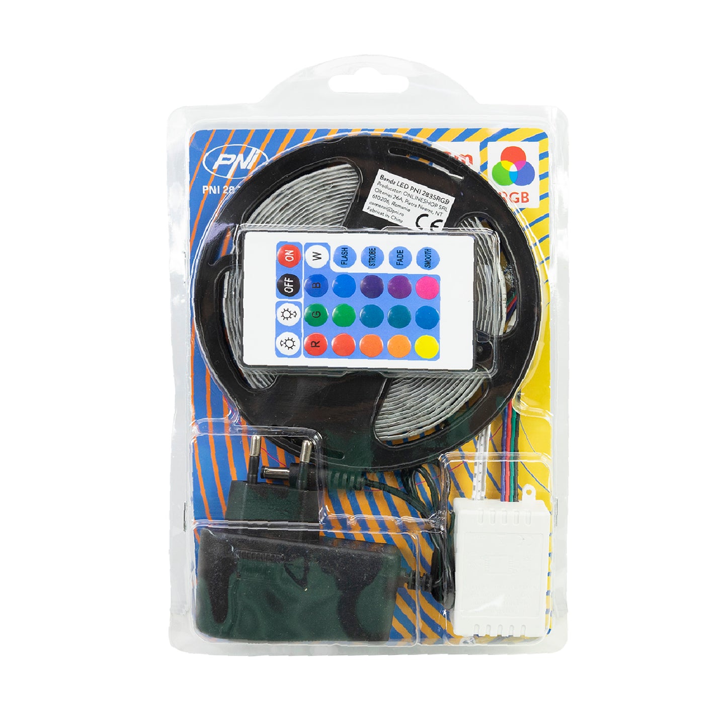 Banda LED PNI 2835RGB, RGB, IP65, silicon, lungime 5 metri, cu telecomanda, alimentator 230 V, dimabil, jocuri de lumini, 270 LED-uri tip 2835, 12W