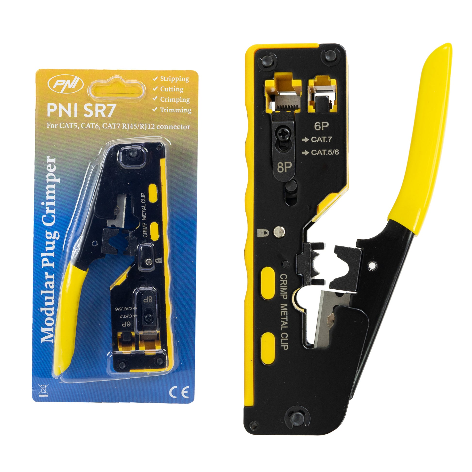 Cleste PNI SR7 pentru taiat, dezizolat cablu si sertizat mufe RJ12, RJ45 CAT5, CAT6, CAT7 CAT8 galben