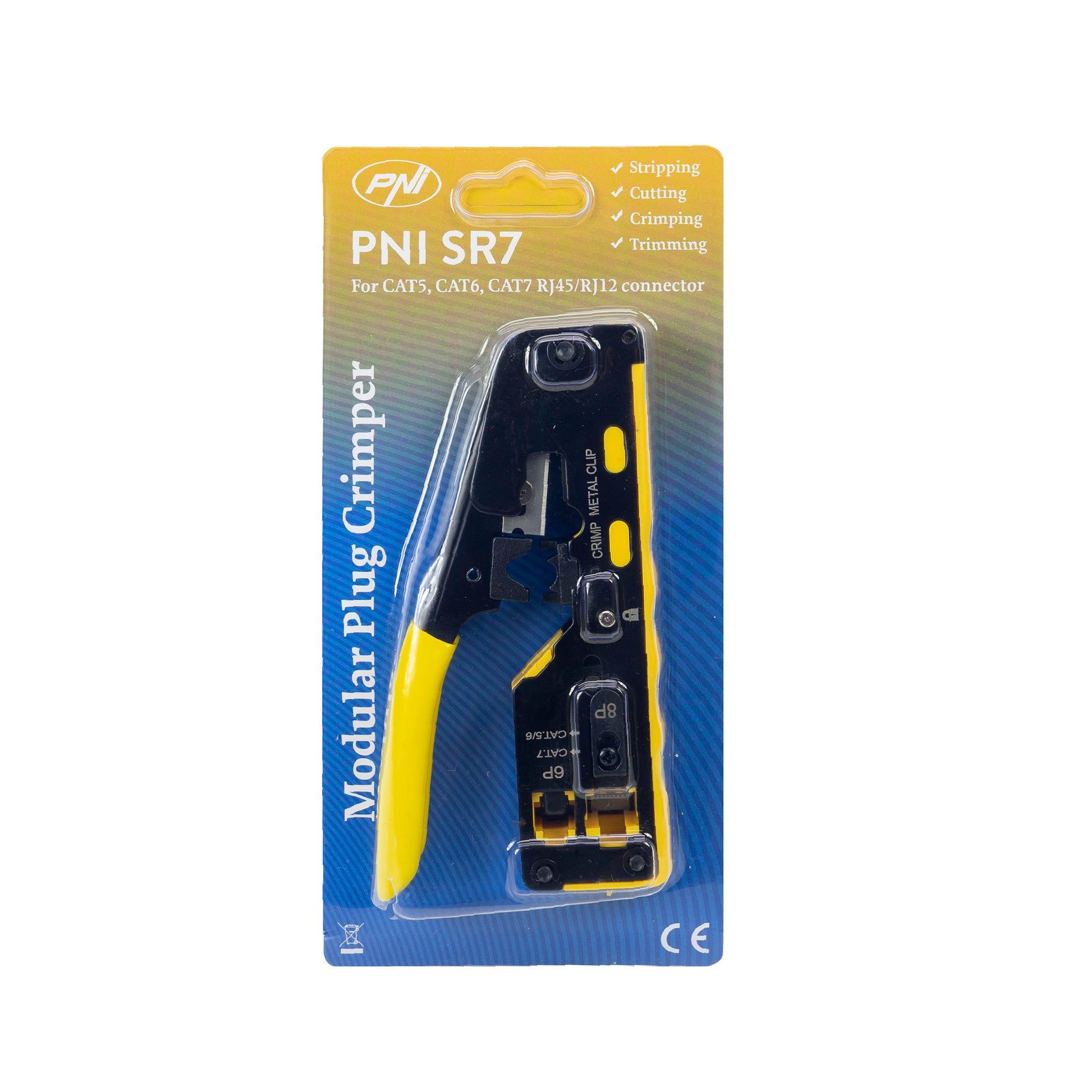 Cleste PNI SR7 pentru taiat, dezizolat cablu si sertizat mufe RJ12, RJ45 CAT5, CAT6, CAT7 CAT8 galben
