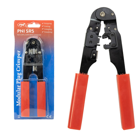 Cleste PNI SR5 pentru taiat, dezizolat cablu si sertizat mufe RJ45 CAT5, CAT6, rosu