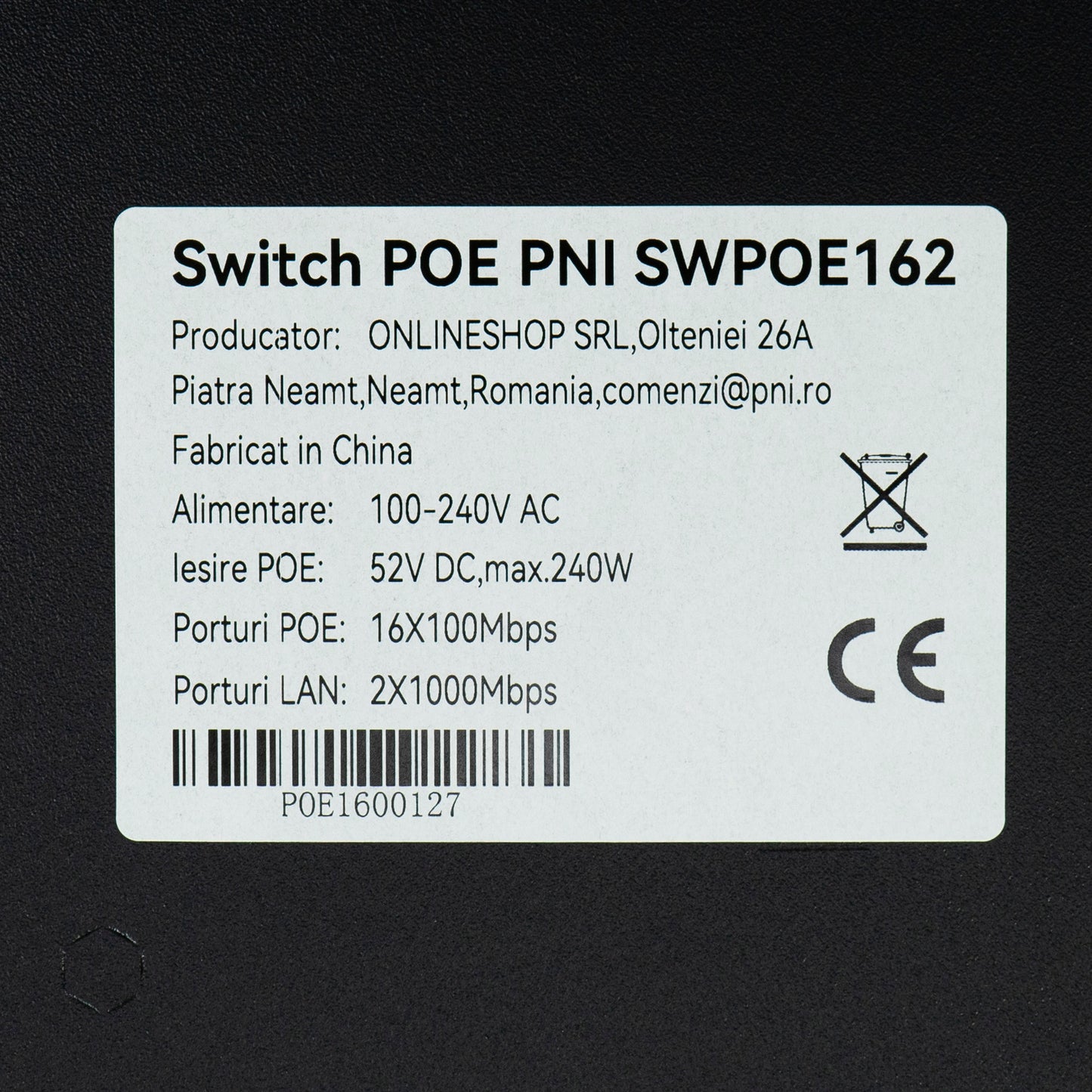Switch POE PNI SWPOE162, 16 porturi POE 100 Mbps, 2 porturi UP Link 1000 Mbps, 1 port SFP 1000Mbps, 240W, functie AI Extend pana la 250m, protectie fulger 4kV