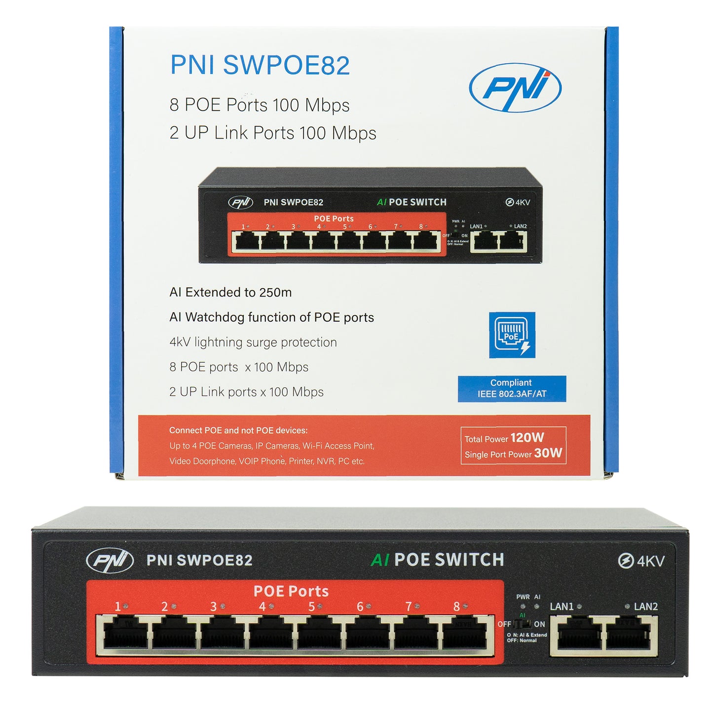 Switch POE PNI SWPOE82 8 porturi POE 100 Mbps si 2 porturi UP Link 100 Mbps, 120W, functie AI Extend pana la 250m, protectie fulger 4kV