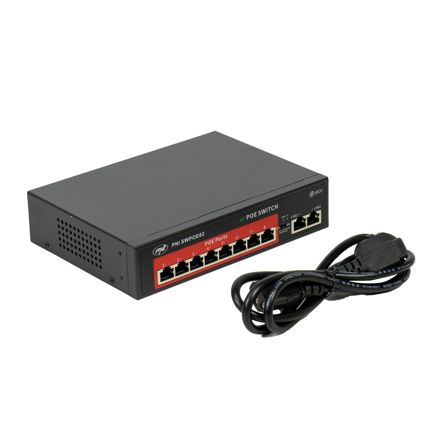 Switch POE PNI SWPOE82 8 porturi POE 100 Mbps si 2 porturi UP Link 100 Mbps, 120W, functie AI Extend pana la 250m, protectie fulger 4kV