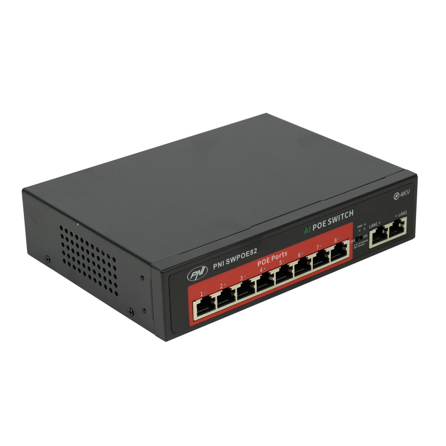 Switch POE PNI SWPOE82 8 porturi POE 100 Mbps si 2 porturi UP Link 100 Mbps, 120W, functie AI Extend pana la 250m, protectie fulger 4kV