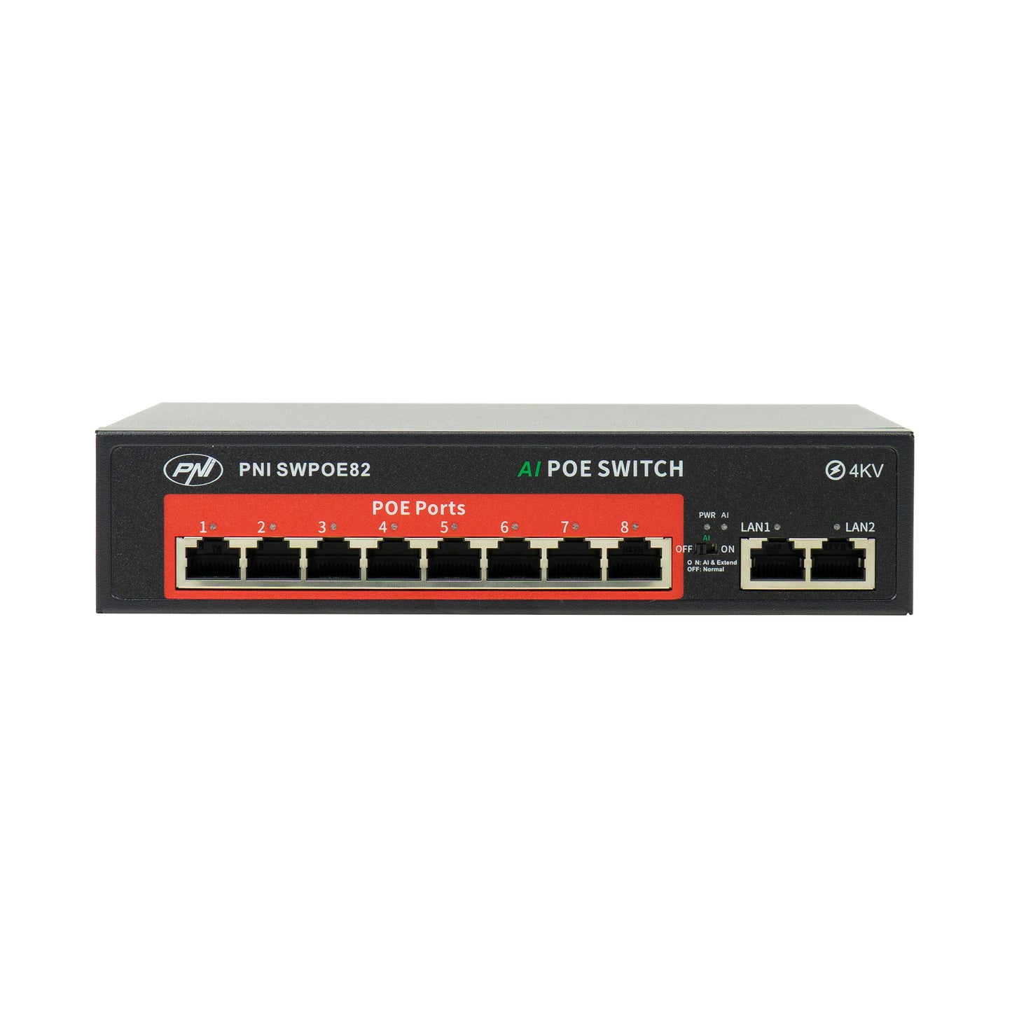 Switch POE PNI SWPOE82 8 porturi POE 100 Mbps si 2 porturi UP Link 100 Mbps, 120W, functie AI Extend pana la 250m, protectie fulger 4kV