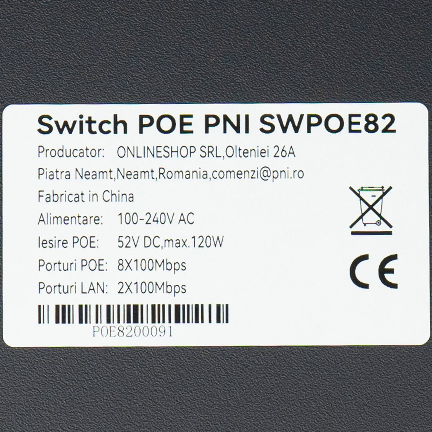 Switch POE PNI SWPOE82 8 porturi POE 100 Mbps si 2 porturi UP Link 100 Mbps, 120W, functie AI Extend pana la 250m, protectie fulger 4kV