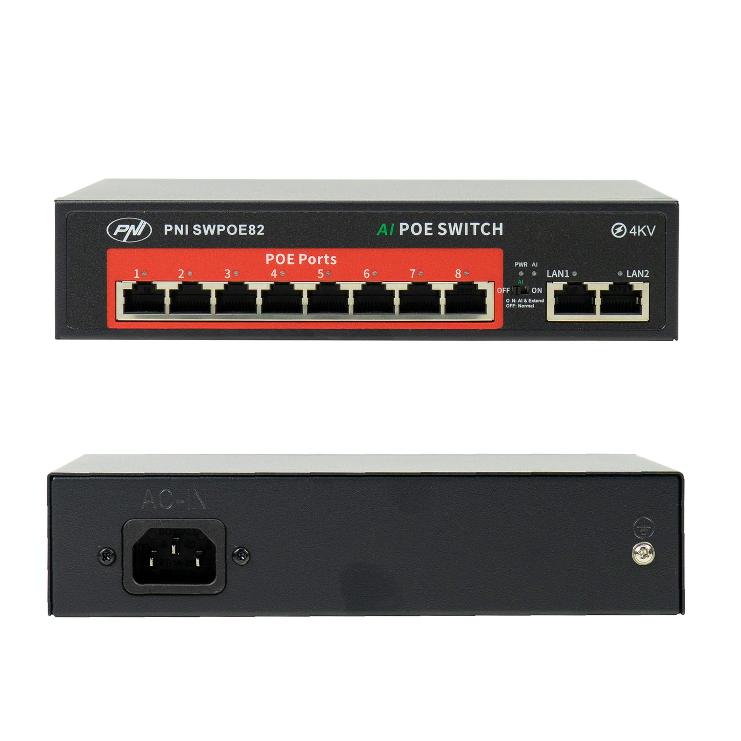 Switch POE PNI SWPOE82 8 porturi POE 100 Mbps si 2 porturi UP Link 100 Mbps, 120W, functie AI Extend pana la 250m, protectie fulger 4kV