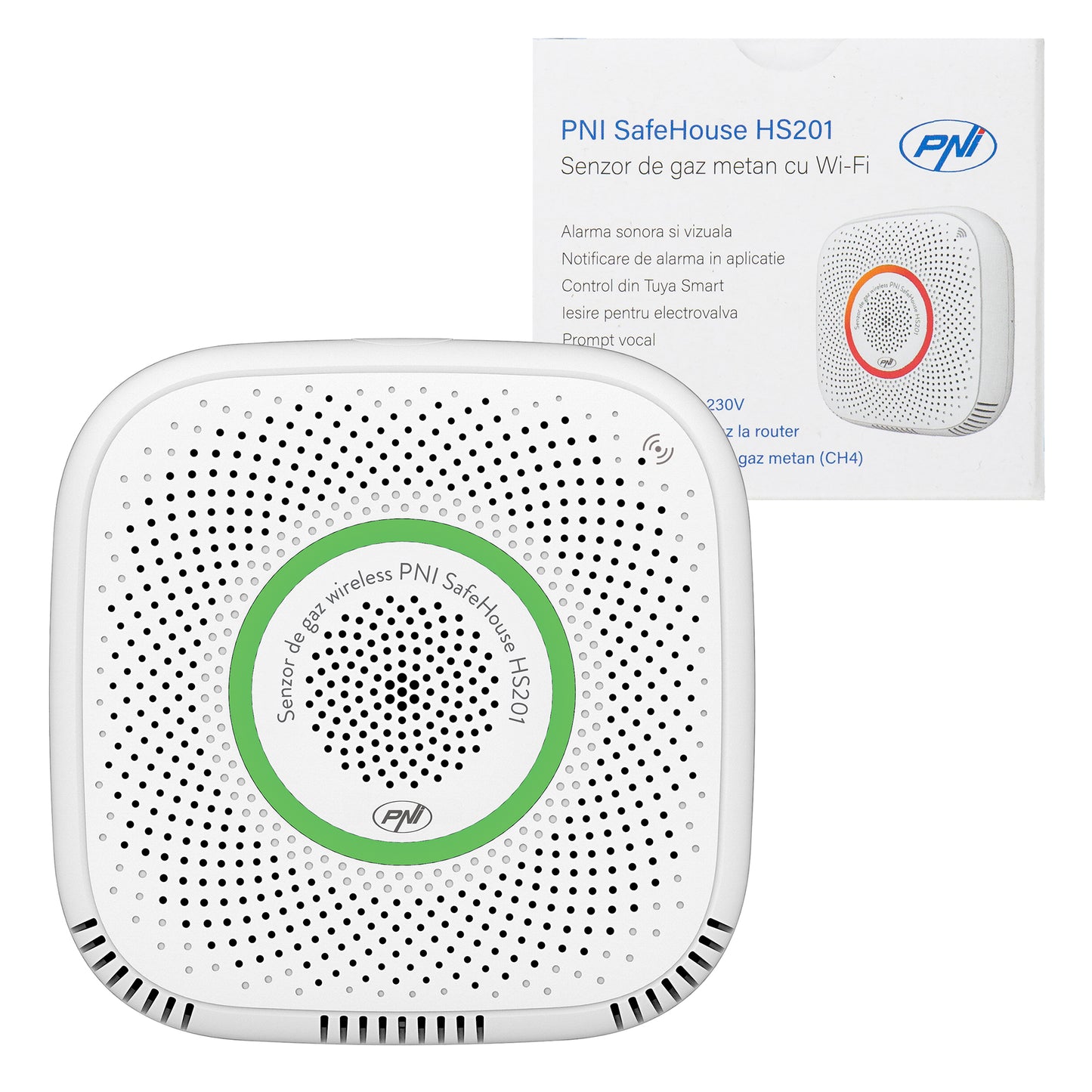 Senzor de gaz metan (CH4) PNI SafeHouse HS201 cu Wi-Fi, control din aplicatia Tuya Smart, alimentare 230V, 70dB, prompt vocal, alarma sonora si vizuala