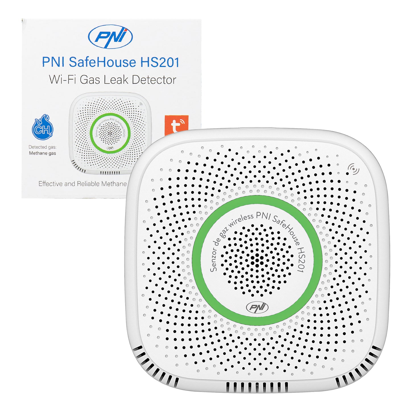 Senzor de gaz metan (CH4) PNI SafeHouse HS201 cu Wi-Fi, control din aplicatia Tuya Smart, alimentare 230V, 70dB, prompt vocal, alarma sonora si vizuala