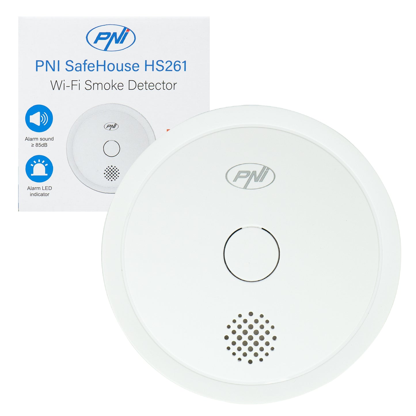Senzor de fum PNI SafeHouse HS261 cu Wi-Fi, control din aplicatia Tuya Smart, alimentare baterie 3V, 85dB, alarma sonora si vizuala, alarma silentioasa
