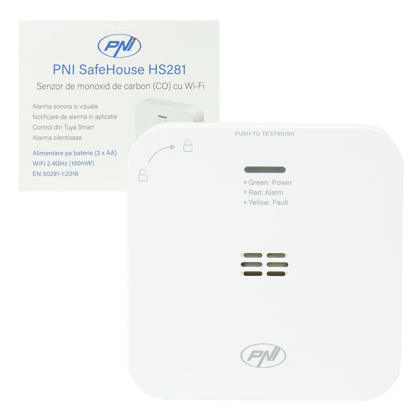 Senzor de monoxid de carbon (CO) PNI SafeHouse HS281 cu Wi-Fi, control din aplicatia Tuya Smart, alimentare baterii AA, 85dB, alarma sonora si vizuala, alarma silentioasa