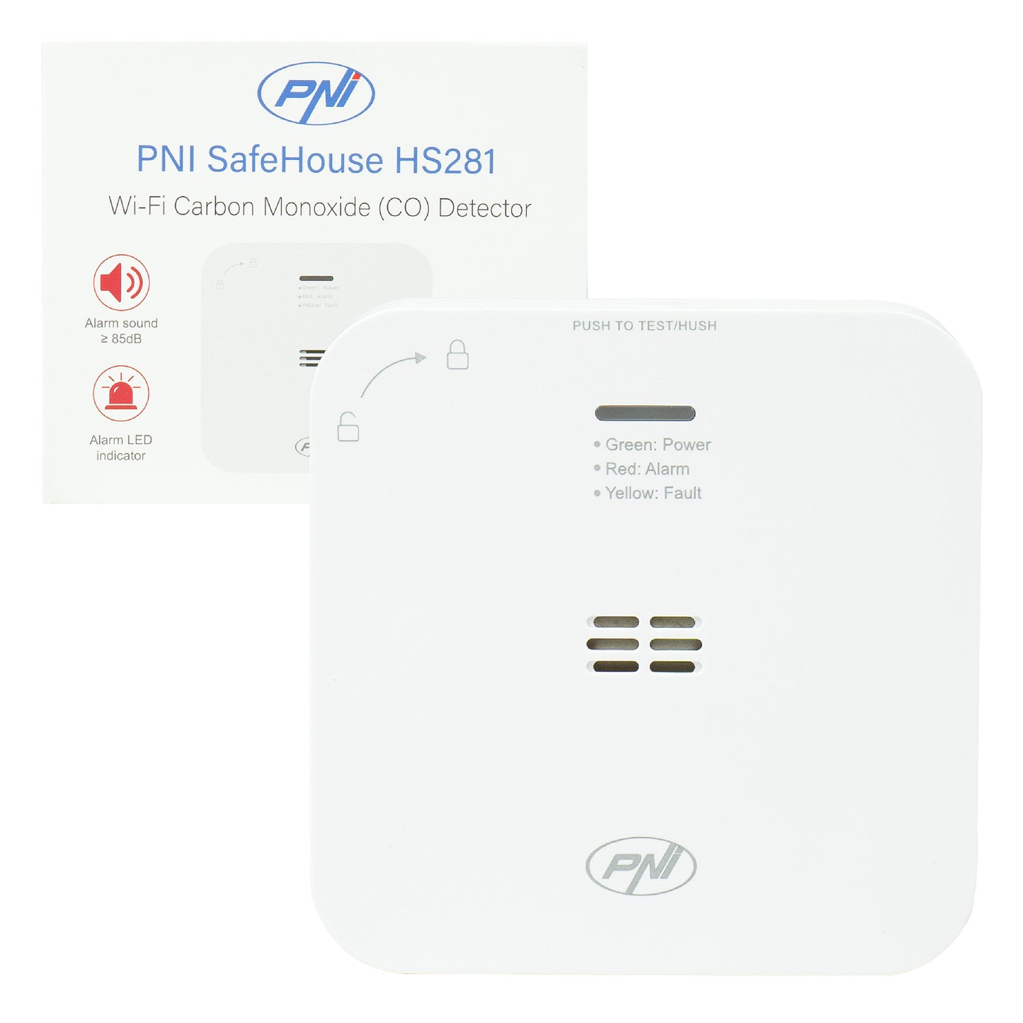 Senzor de monoxid de carbon (CO) PNI SafeHouse HS281 cu Wi-Fi, control din aplicatia Tuya Smart, alimentare baterii AA, 85dB, alarma sonora si vizuala, alarma silentioasa