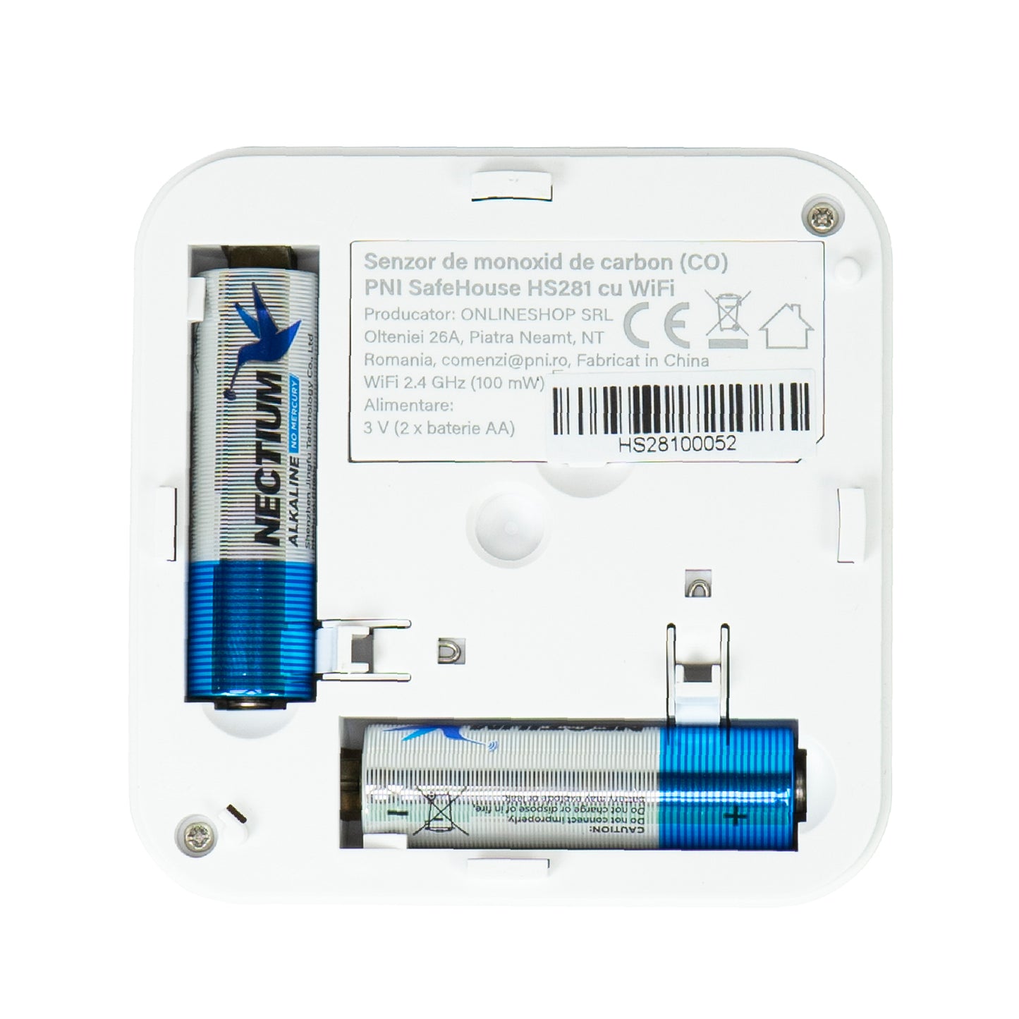 Senzor de monoxid de carbon (CO) PNI SafeHouse HS281 cu Wi-Fi, control din aplicatia Tuya Smart, alimentare baterii AA, 85dB, alarma sonora si vizuala, alarma silentioasa
