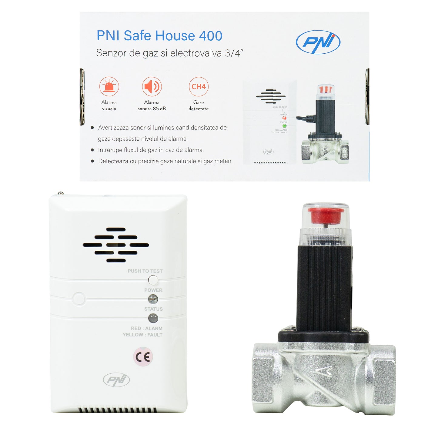 Kit PNI Safe House 400 senzor de gaz si electrovalva 3/4 inch, alarma sonora si luminoasa, 85dB, detecteaza gaze naturale, gaz metan (CH4)