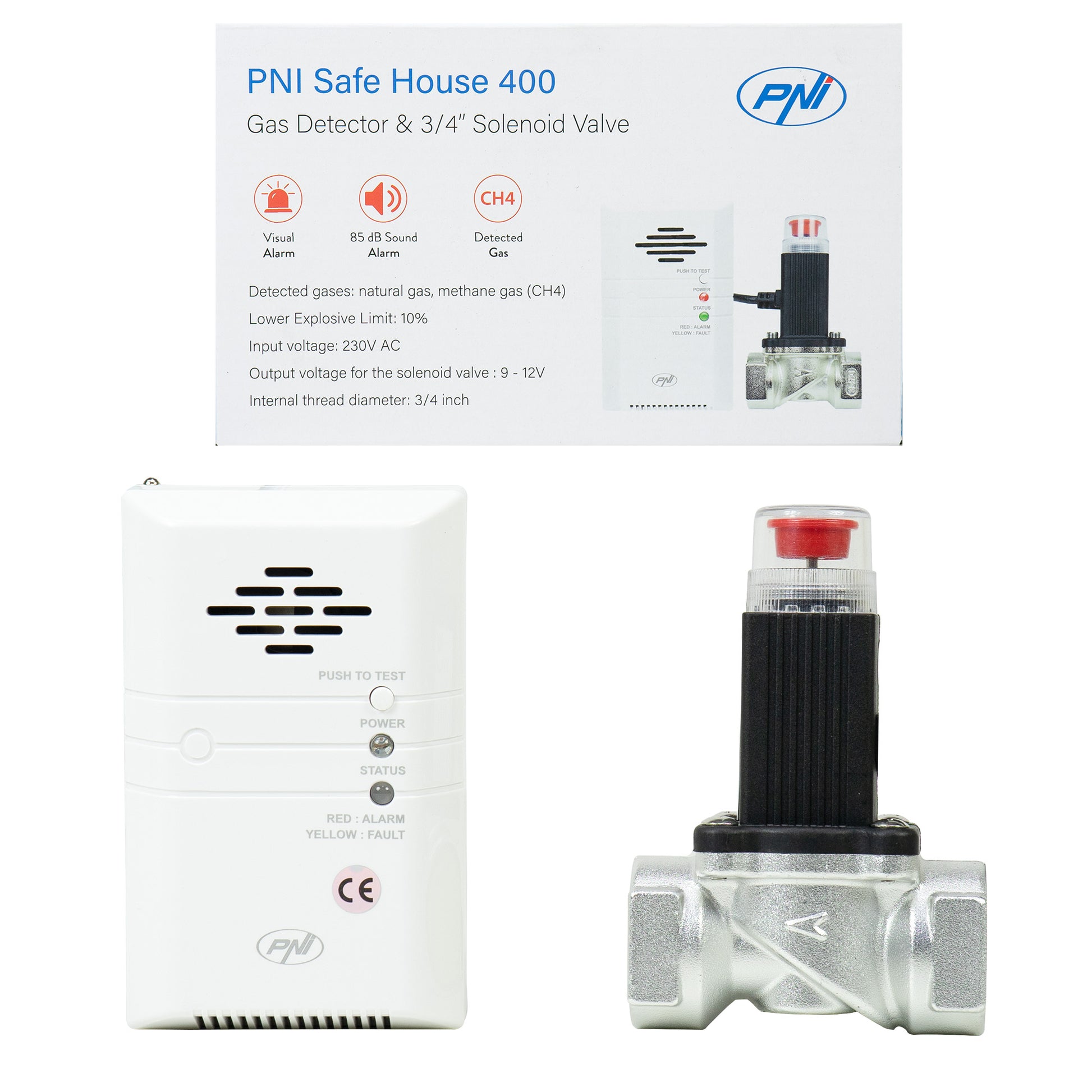 Kit PNI Safe House 400 senzor de gaz si electrovalva 3/4 inch, alarma sonora si luminoasa, 85dB, detecteaza gaze naturale, gaz metan (CH4)