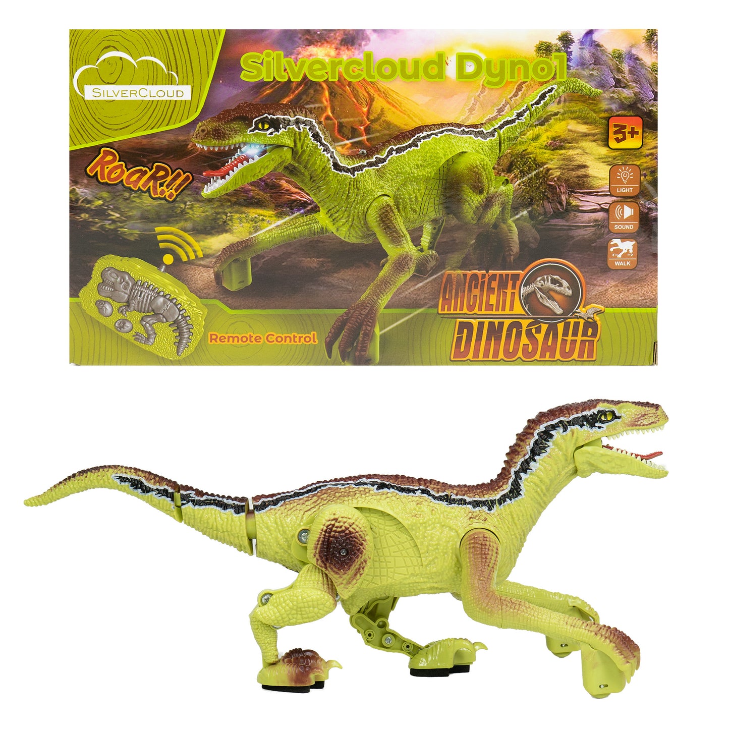 Jucarie dinozaur Silvercloud Dyno1 cu telecomanda, emite 4 tipuri de sunete, mers inainte si inapoi, LED, acumulator incorporat 500mAh