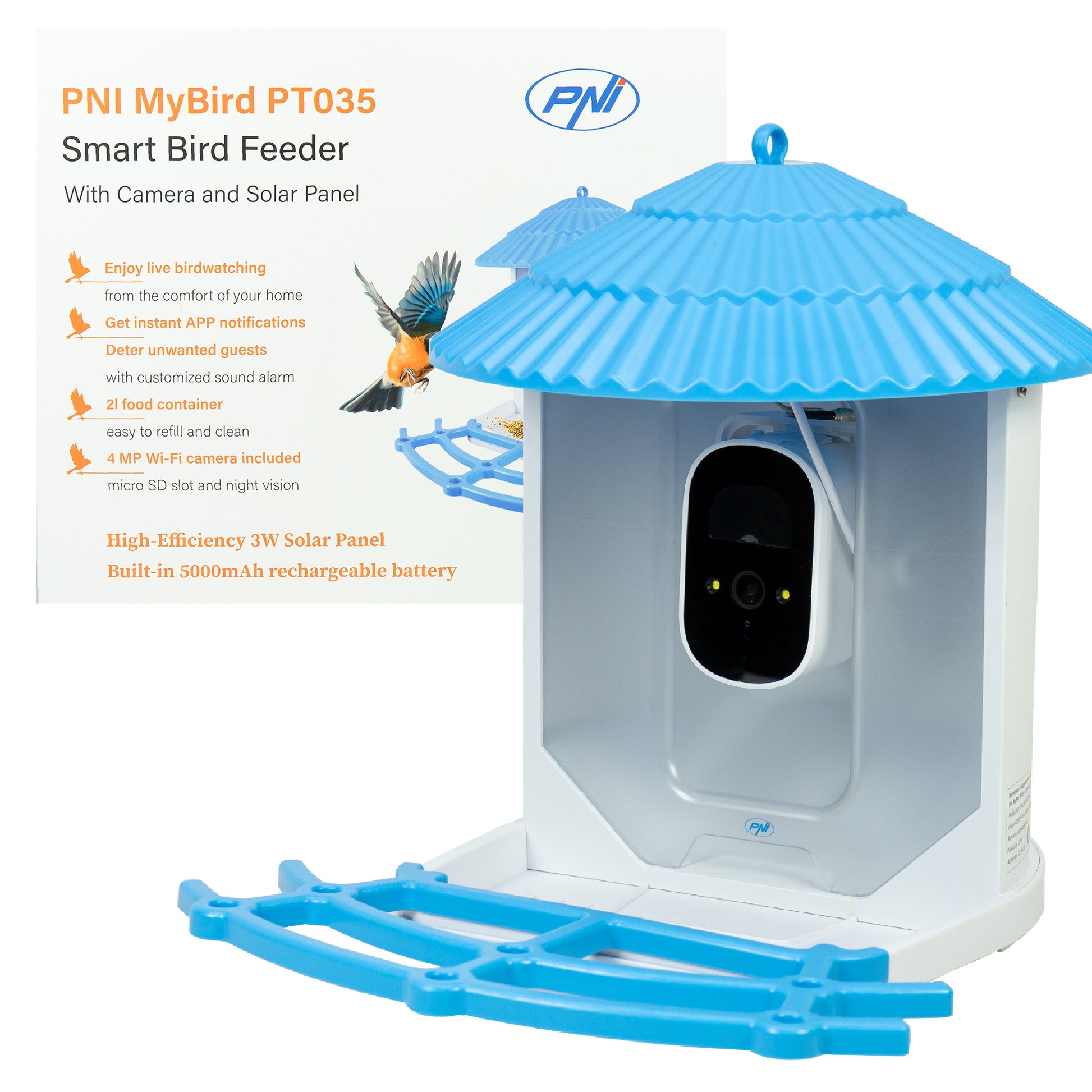Hranitoare inteligenta pentru pasari PNI MyBird PT035 cu camera Wi-Fi 4MP si panou solar 3W, rezervor hrana 2l, aplicatie dedicata, detectie miscare, notificari instant, slot card micro SD, audio bidirectional, vizibilitate noctura