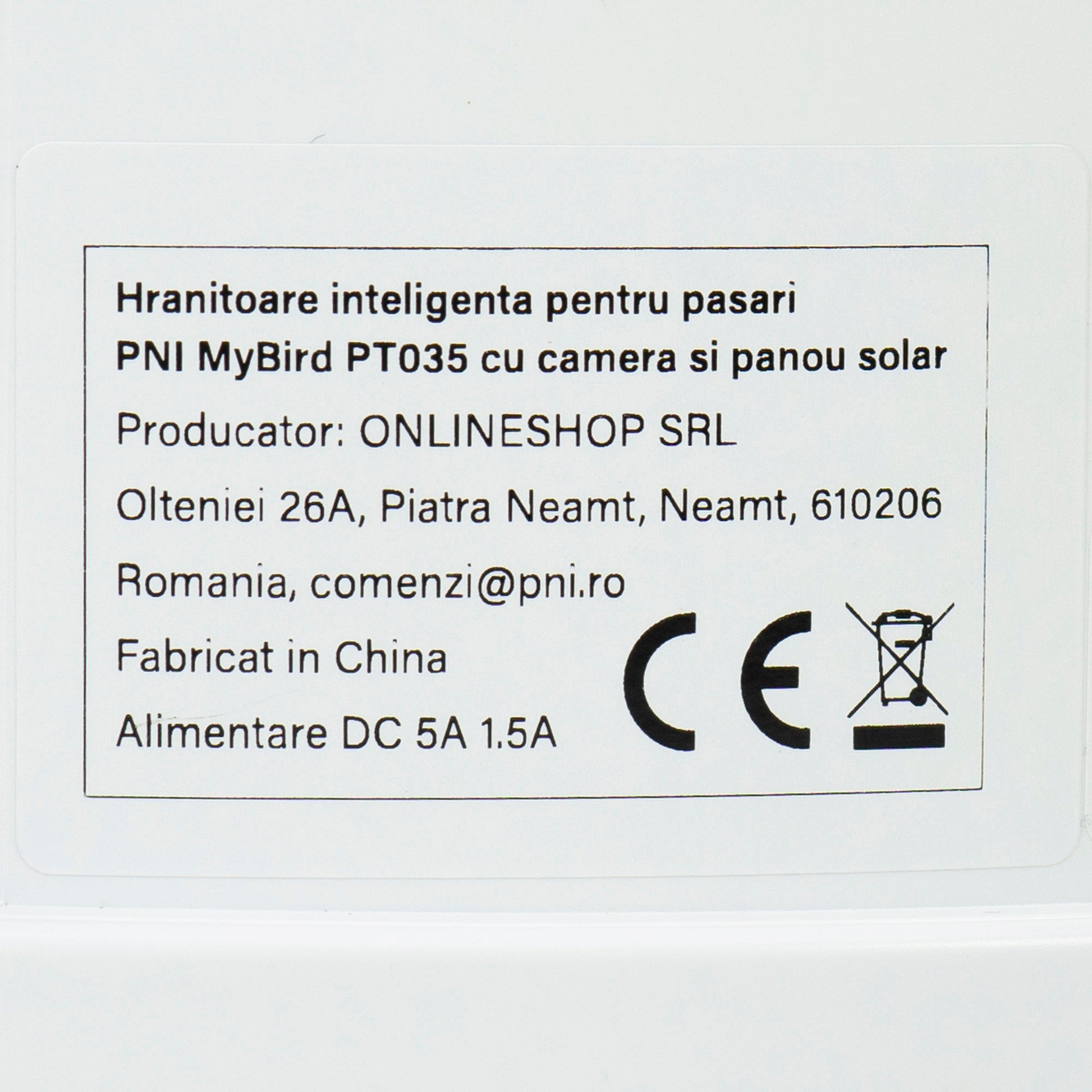 Hranitoare inteligenta pentru pasari PNI MyBird PT035 cu camera Wi-Fi 4MP si panou solar 3W, rezervor hrana 2l, aplicatie dedicata, detectie miscare, notificari instant, slot card micro SD, audio bidirectional, vizibilitate noctura