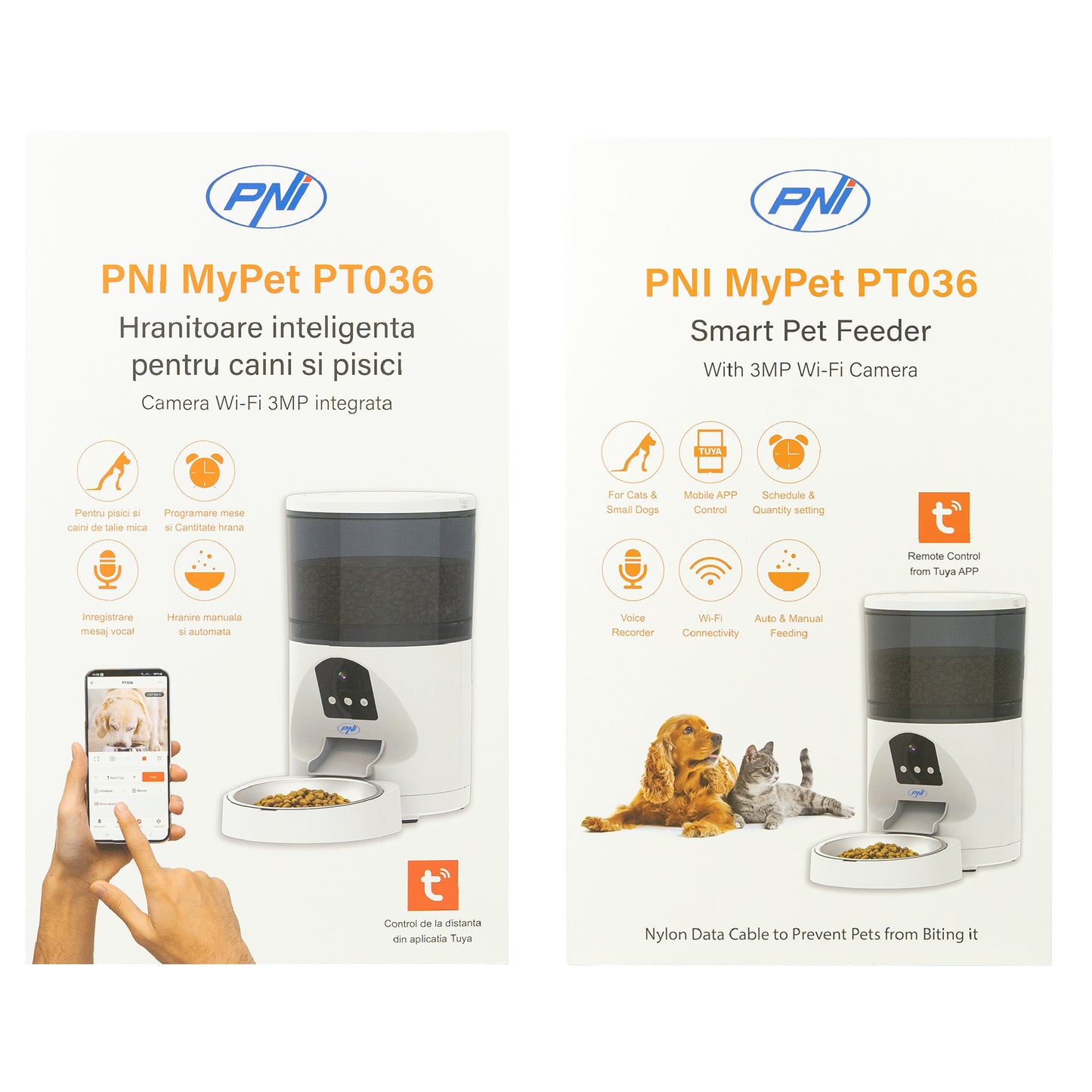 Hranitoare inteligenta pentru caini si pisici PNI MyPet PT036 cu camera 3MP incorporata, capacitate rezervor hrana 6 litri, control din Tuya Smart, functie inregistrare vocala, programare mese, vizibilitate nocturna