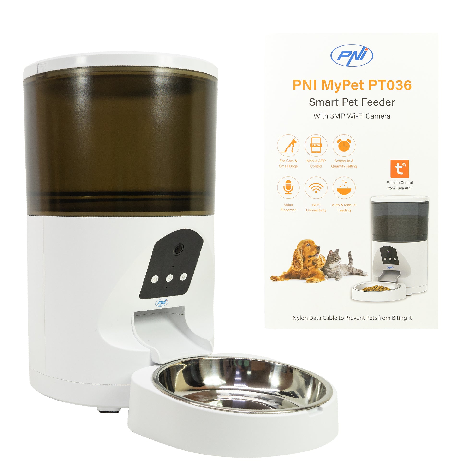Hranitoare inteligenta pentru caini si pisici PNI MyPet PT036 cu camera 3MP incorporata, capacitate rezervor hrana 6 litri, control din Tuya Smart, functie inregistrare vocala, programare mese, vizibilitate nocturna