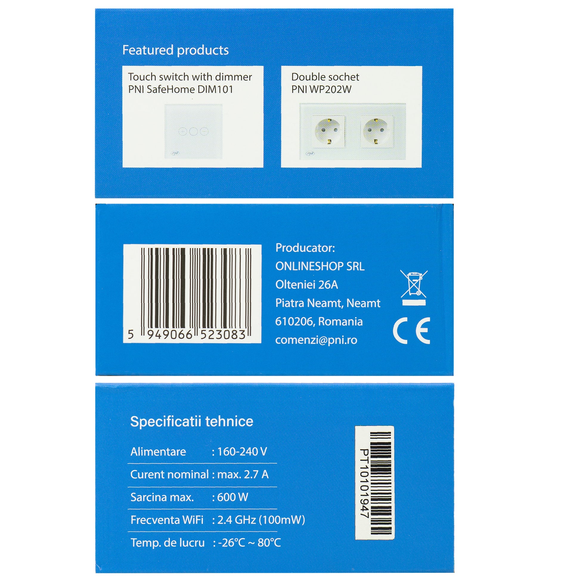 Intrerupator inteligent cu touch PNI SafeHome PT101L WiFi, 600W, control prin aplicatia Tuya Smart, compatibil cu Alexa si Google Assistant - Live Wire, fara nul