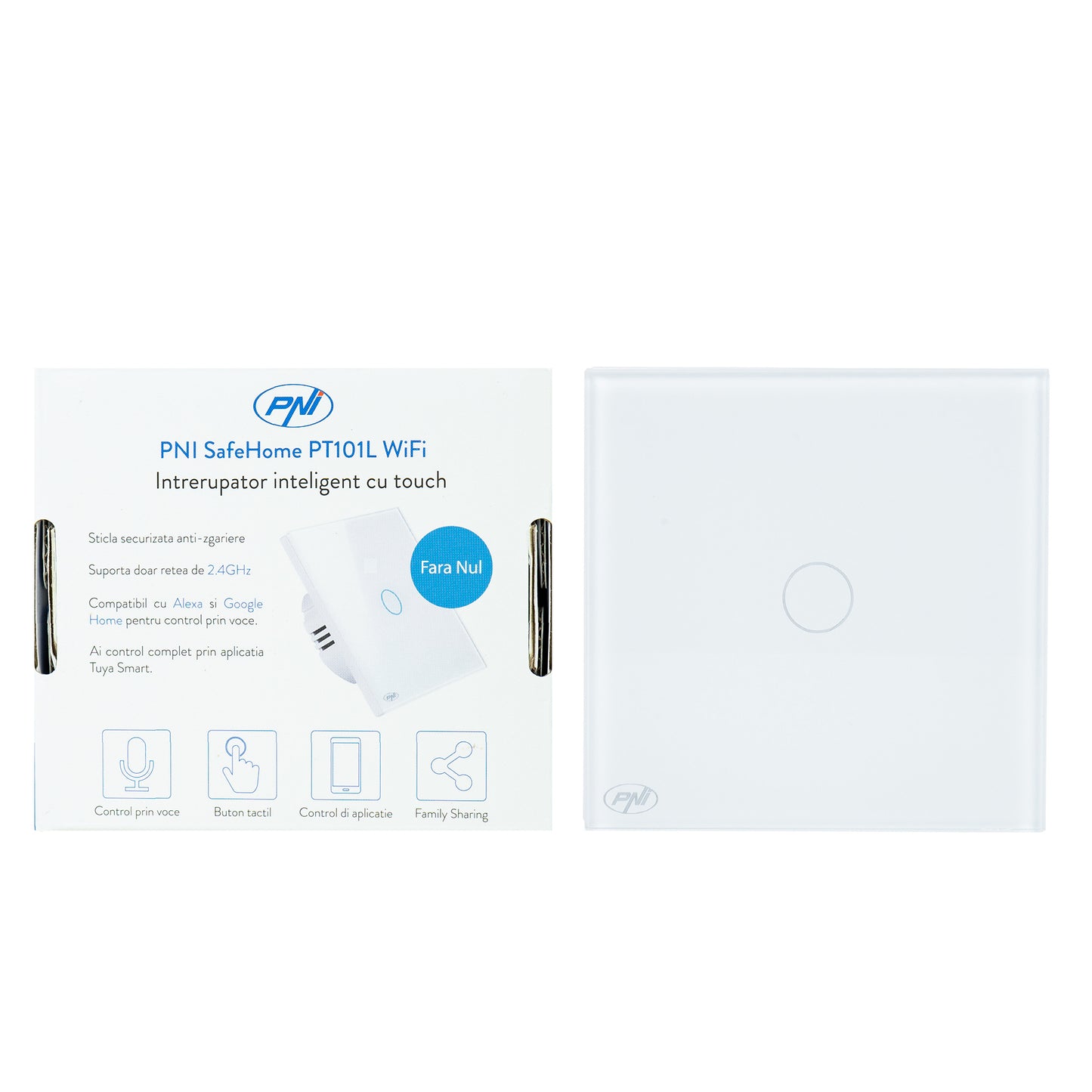Intrerupator inteligent cu touch PNI SafeHome PT101L WiFi, 600W, control prin aplicatia Tuya Smart, compatibil cu Alexa si Google Assistant - Live Wire, fara nul