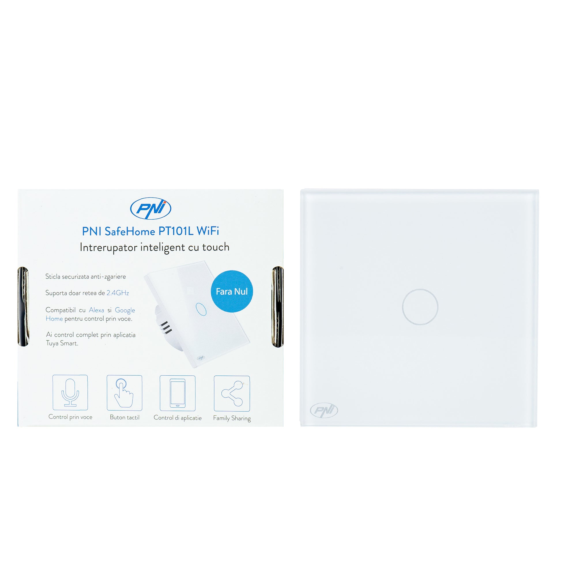 Intrerupator inteligent cu touch PNI SafeHome PT101L WiFi, 600W, control prin aplicatia Tuya Smart, compatibil cu Alexa si Google Assistant - Live Wire, fara nul
