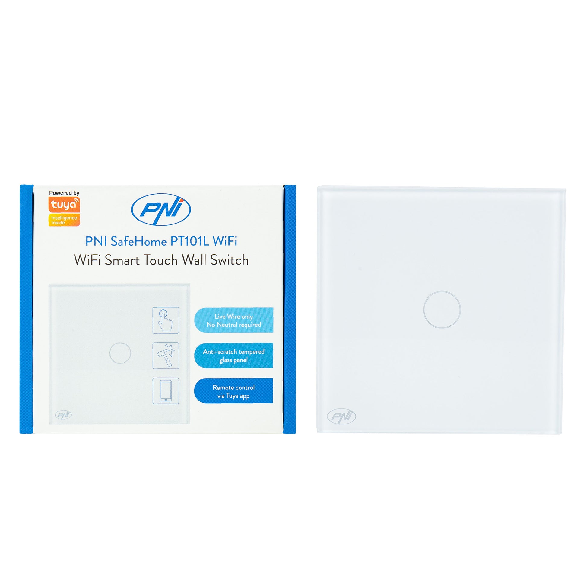 Intrerupator inteligent cu touch PNI SafeHome PT101L WiFi, 600W, control prin aplicatia Tuya Smart, compatibil cu Alexa si Google Assistant - Live Wire, fara nul