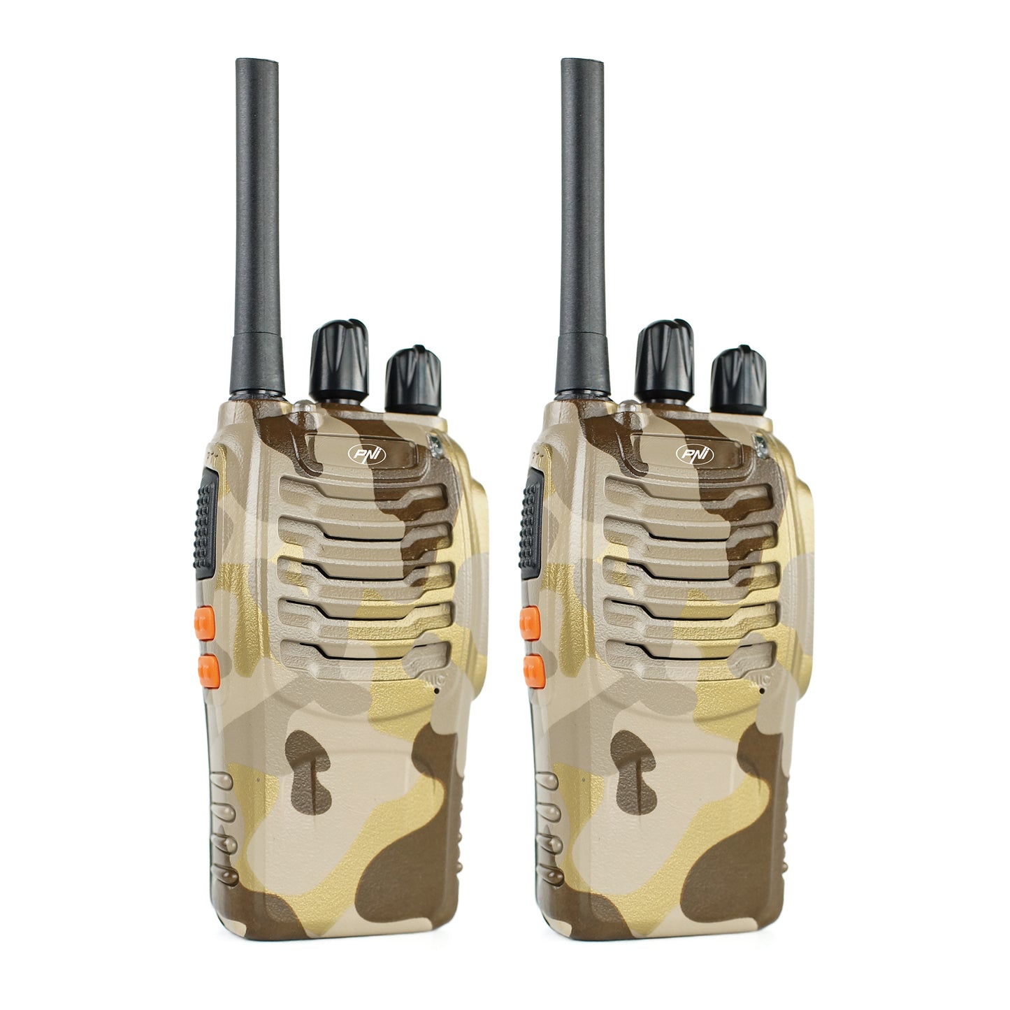 Statie radio portabila PNI PMR R40 Camo, set cu 2 buc, 0.5W, 16 canale programabile, 16 PMR si tonuri 50 CTCSS si 104 DCS, ASQ, TOT, monitor, programabila, acumulatori 1200mAh, incarcatoare si casti incluse