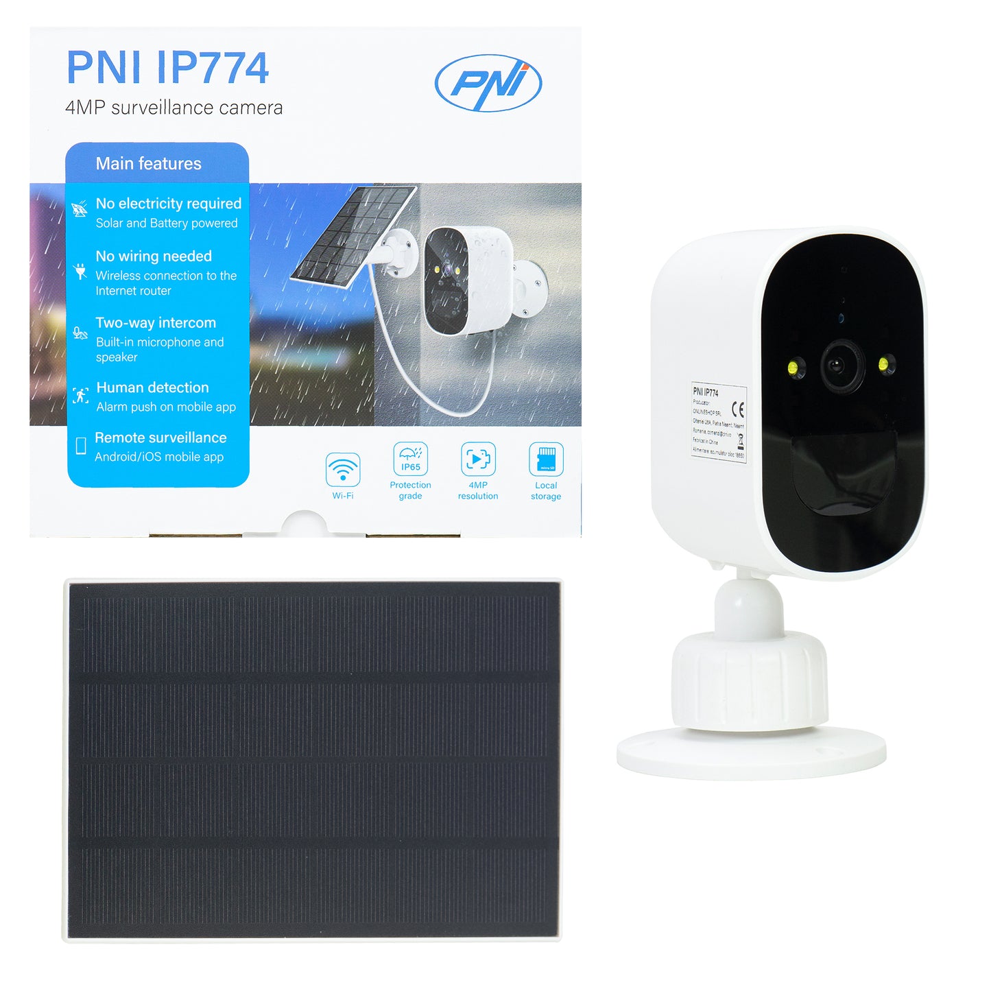 Camera supraveghere video PNI IP774 4MP, panou solar 3W, acumulator 4000mAh incorporat, detectie miscare, slot card micro SD, vizibilitate nocturna, audio bidirectional