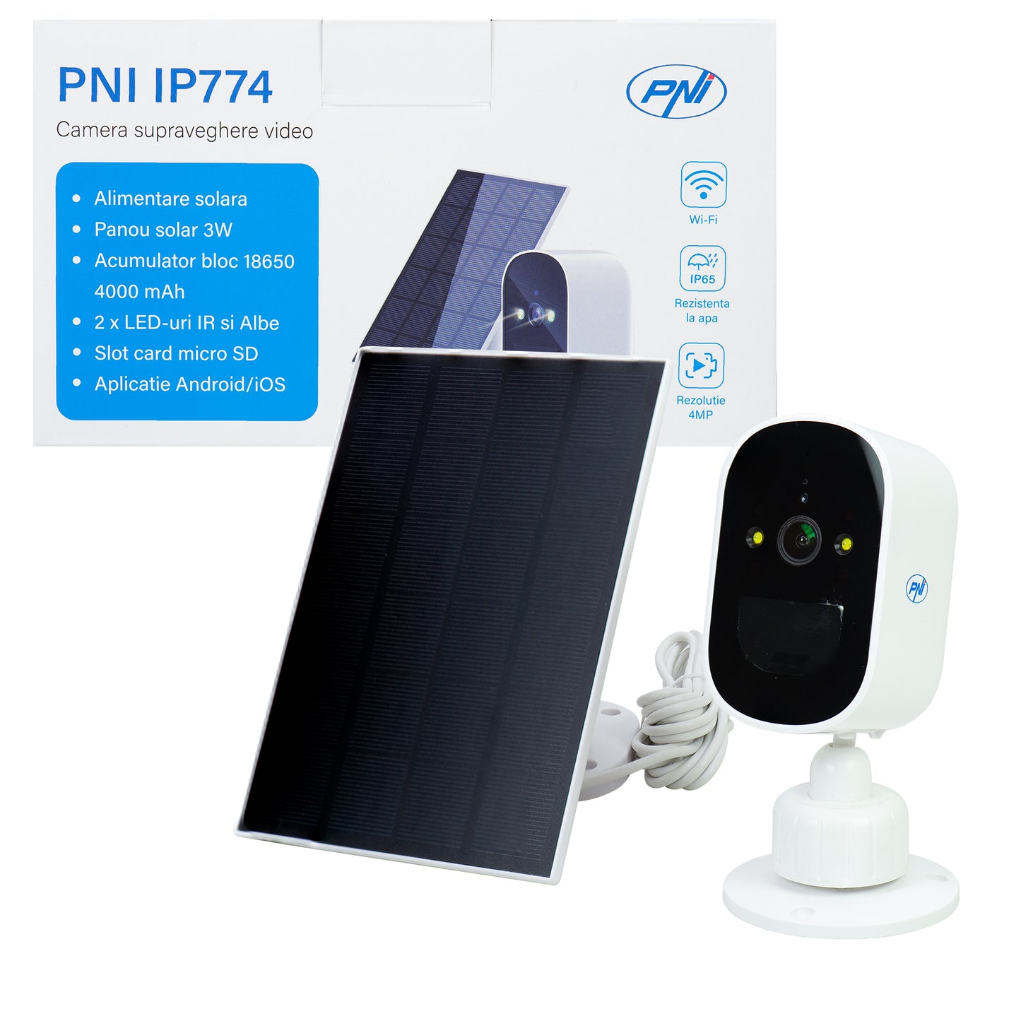 Camera supraveghere video PNI IP774 4MP, panou solar 3W, acumulator 4000mAh incorporat, detectie miscare, slot card micro SD, vizibilitate nocturna, audio bidirectional