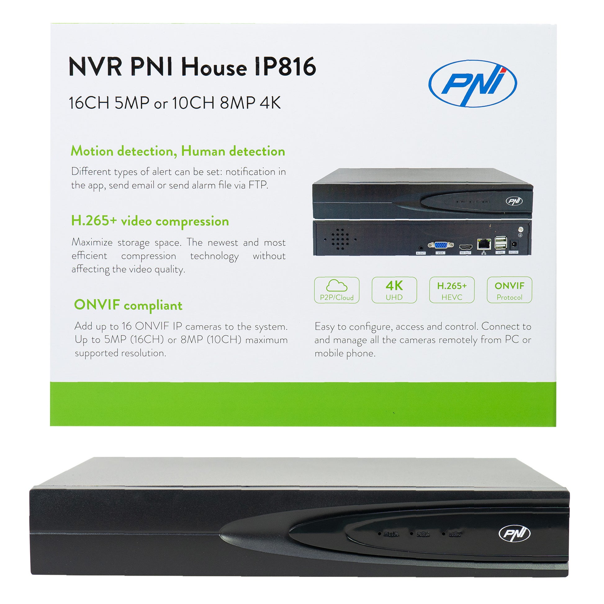 NVR PNI House IP816 cu 16 canale IP 5MP sau 10 canale 8MP 4K