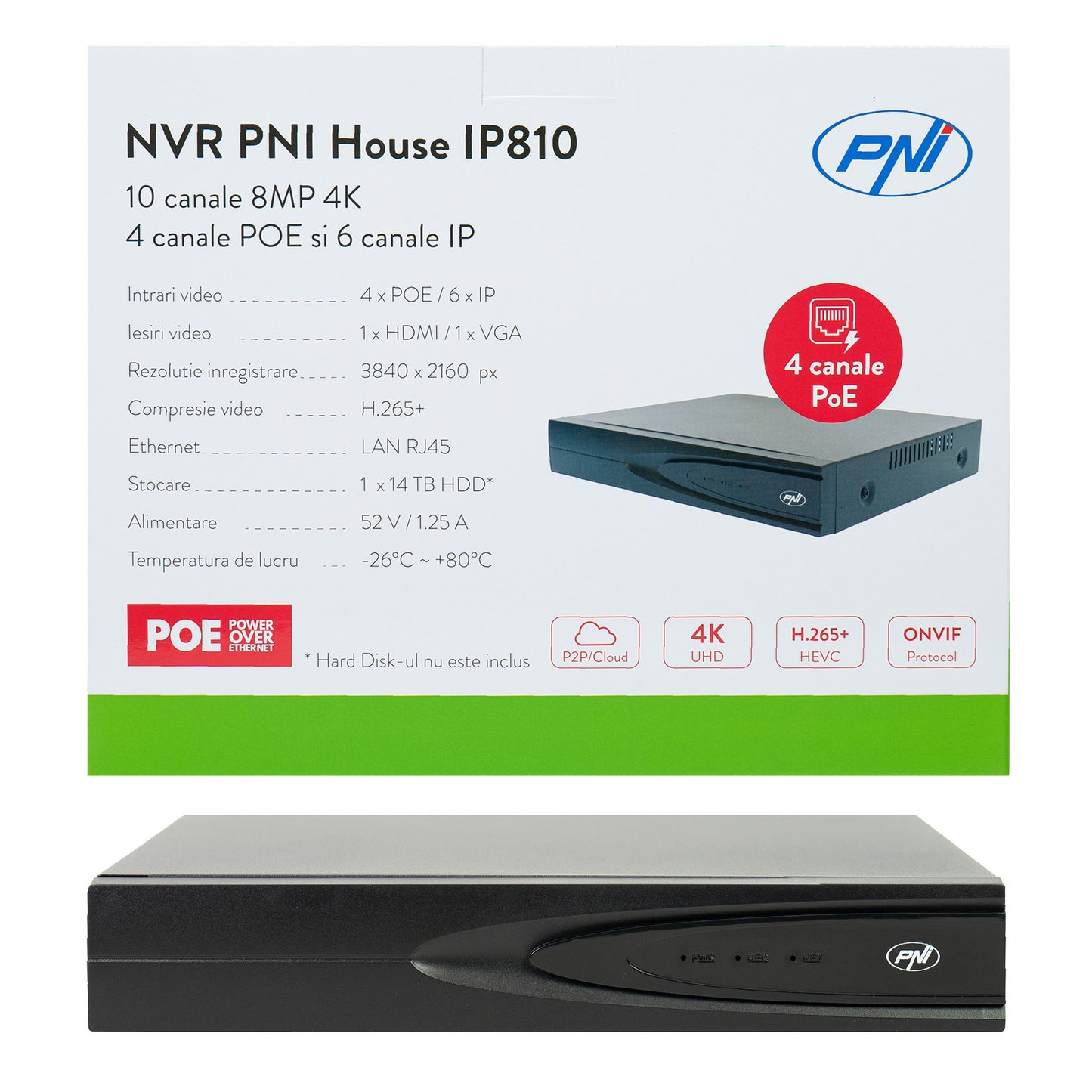 NVR POE PNI House IP810 cu 10 canale 4K 8MP, 4 canale POE si 6 canale IP functii AI