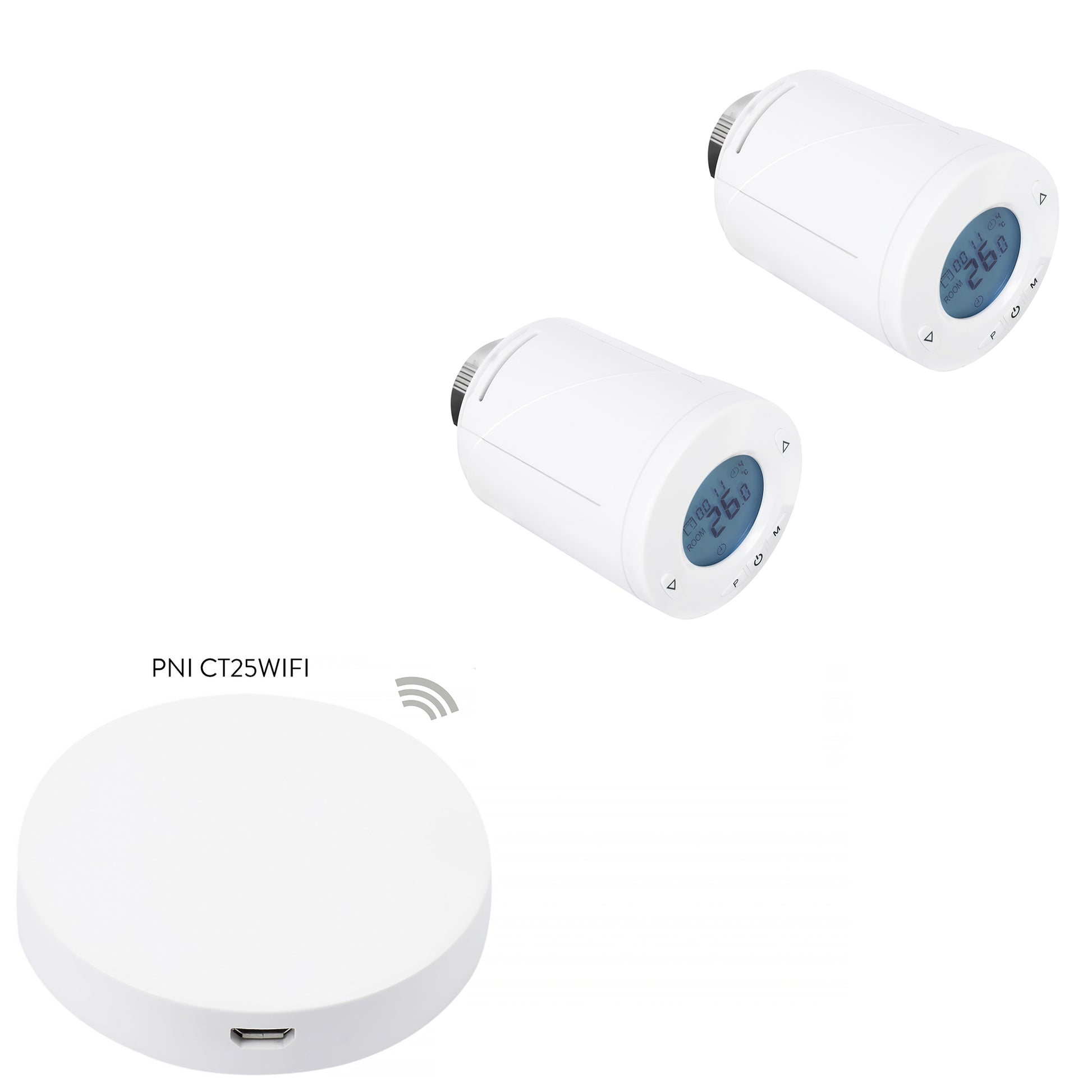 Kit Wifi 2 bucati cap termostatic inteligent PNI CT25T pentru calorifer si Hub PNI CT25WIFI cu control prin Internet, aplicatie de mobil Tuya Smart