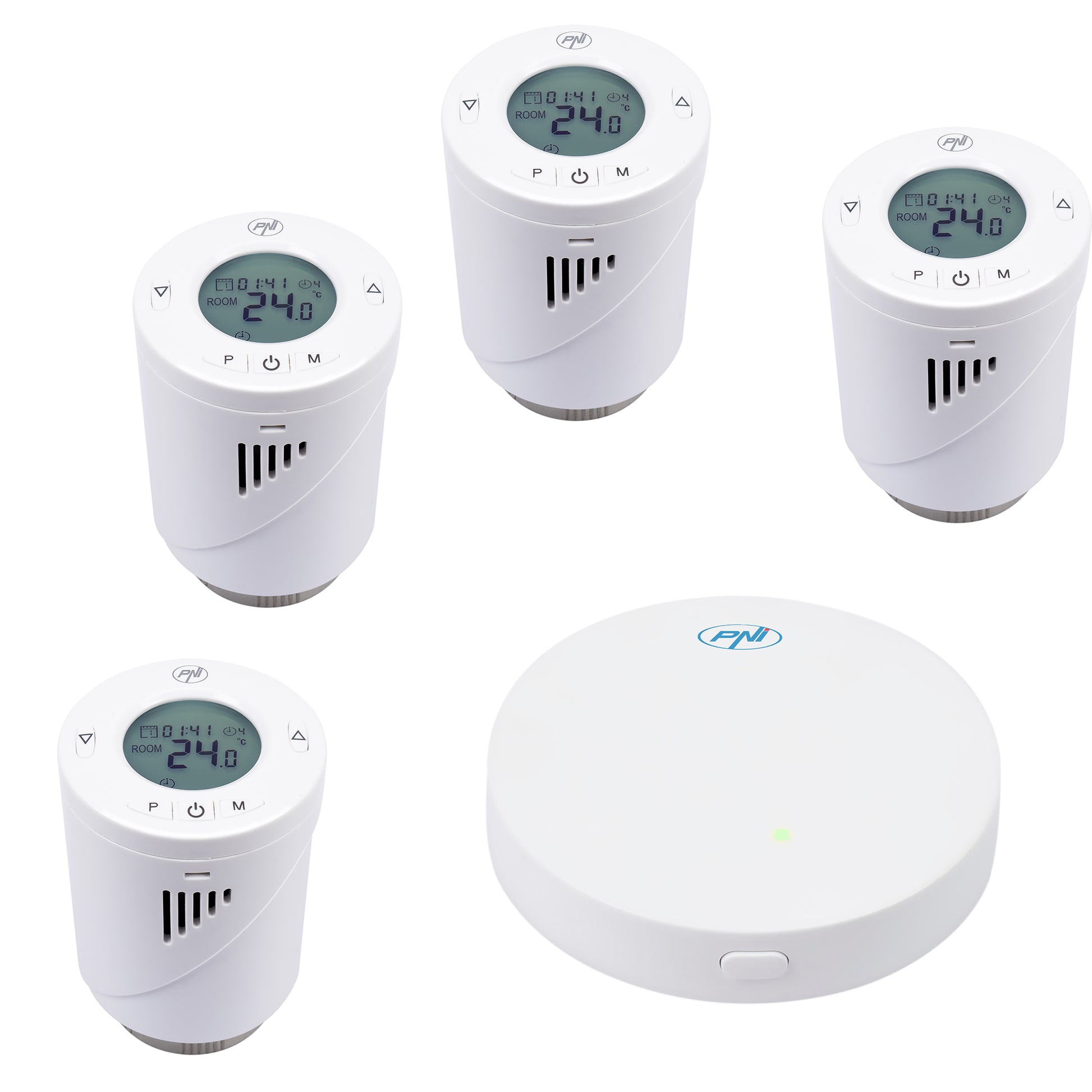 Kit Wifi 4 bucati cap termostatic inteligent PNI CT25T pentru calorifer si Hub PNI CT25WIFI cu control prin Internet, aplicatie de mobil Tuya Smart