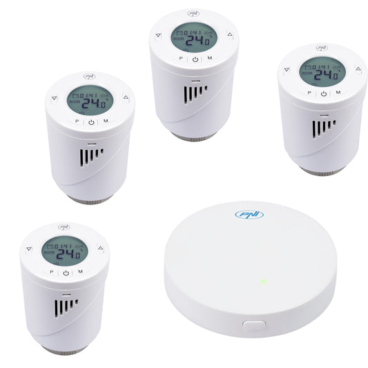 Kit Wifi 4 bucati cap termostatic inteligent PNI CT25T pentru calorifer si Hub PNI CT25WIFI cu control prin Internet, aplicatie de mobil Tuya Smart